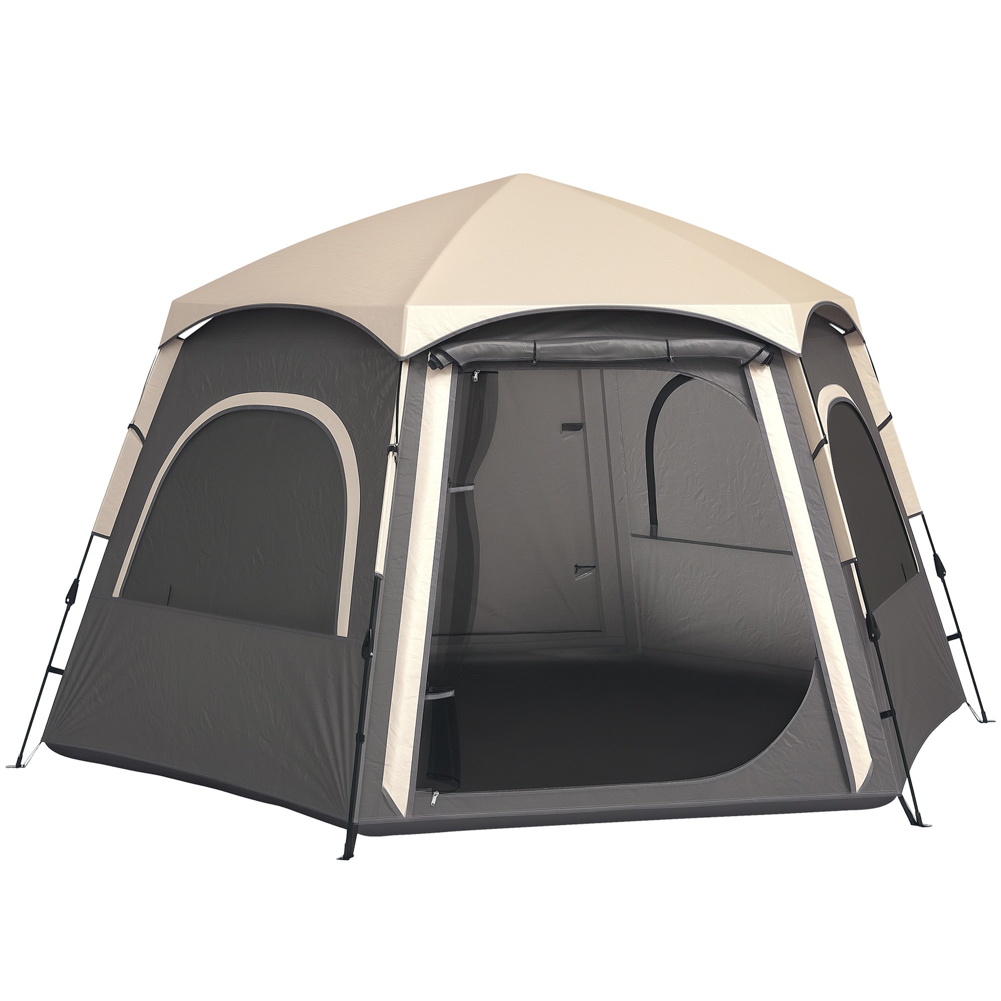 Outsunny Instant Camping Tent, 2/3/4 Person Easy Setup Family Tent with Vestibule, Rainfly, 4 Mesh Windows & 2 Doors, Hexagonal Design, Waterproof UV Protected Dome Tent, Dark Grey