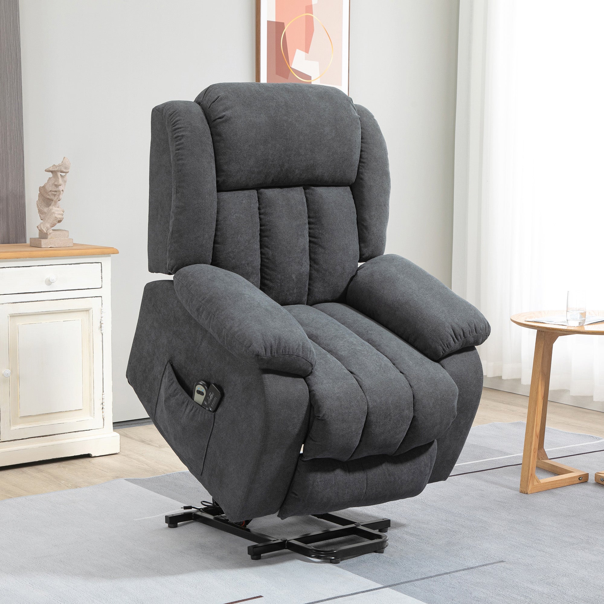 HOMCOM Oversized Riser and Recliner Chairs for the Elderly with 8 Vibration Massage, Large Fabric Upholstered Lift Chair for Living Room with Remote Control, Side Pocket, Footrest, Dark Grey - North Peak Garden Furniture