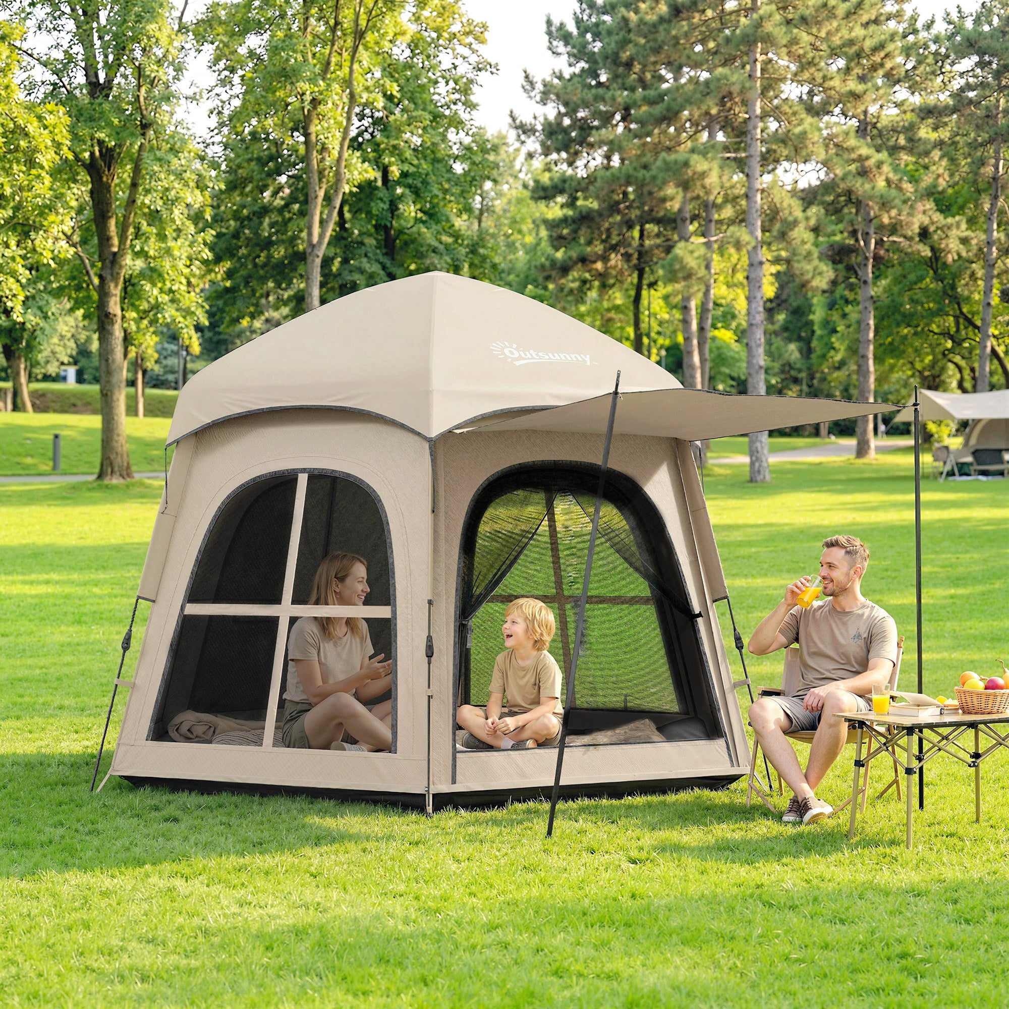 Outsunny Pop Up Tent 3000mm Waterproof Instant Camping Tent 3-4 Person with 2 Doors 4 Windows Khaki
