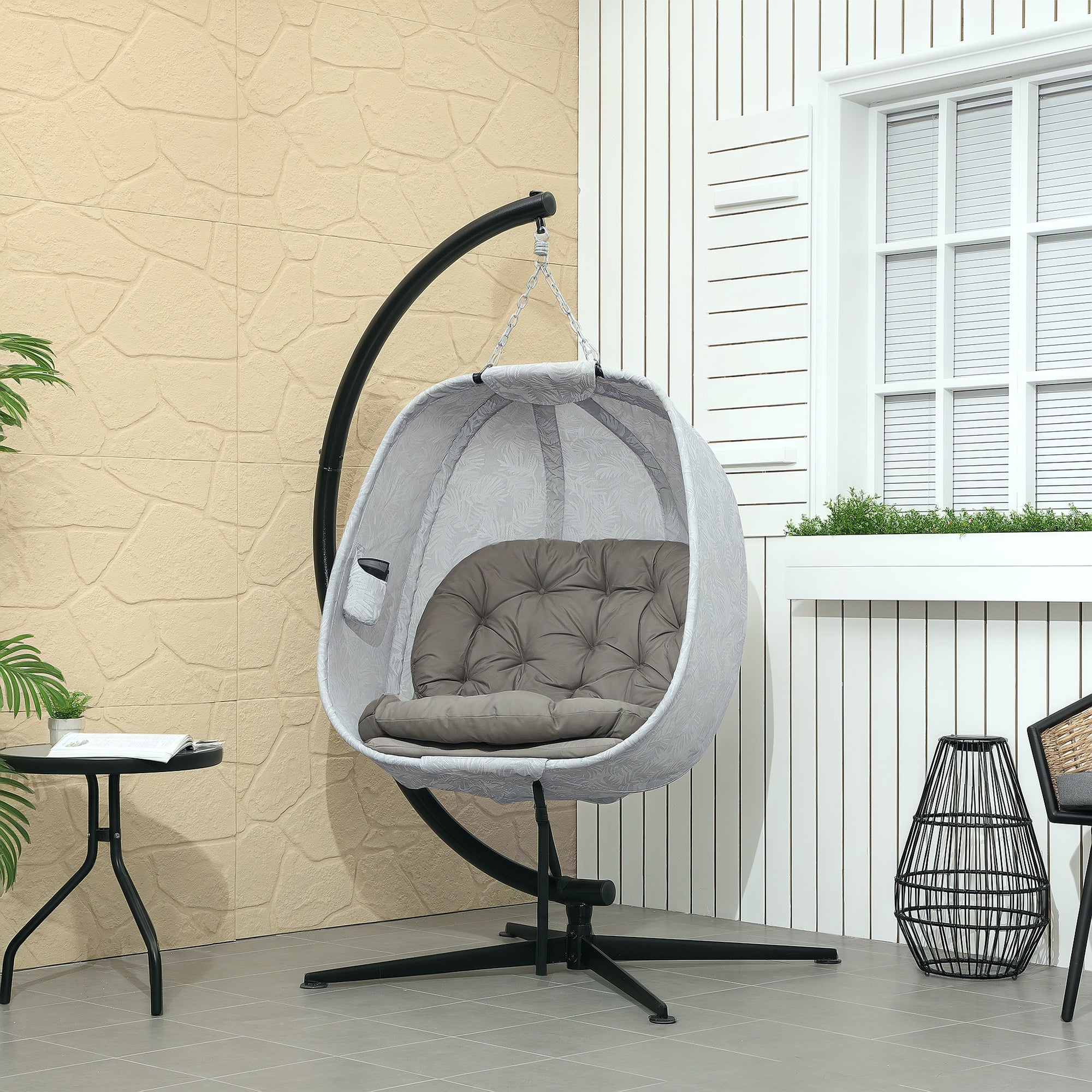 Outsunny Hanging Egg Chair Outdoor Indoor Garden Swing Chair with Folding Basket, Garden Hanging Chair with Stand, Thickened Cushion, Cup Holder for Patio, Balcony, Sand Brown - North Peak Garden Furniture