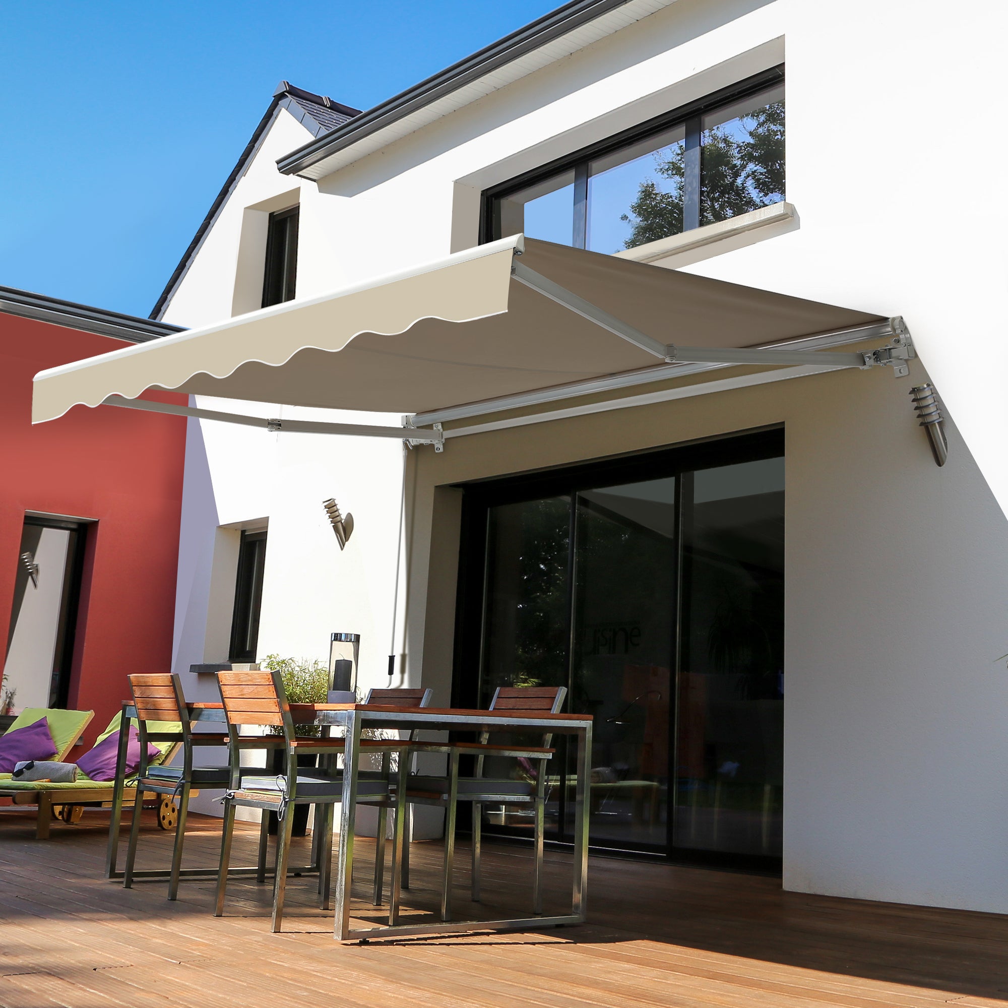 Outsunny 2.5x2 m Manual Retractable Awning-Beige Canopy/White Frame - North Peak Garden Furniture