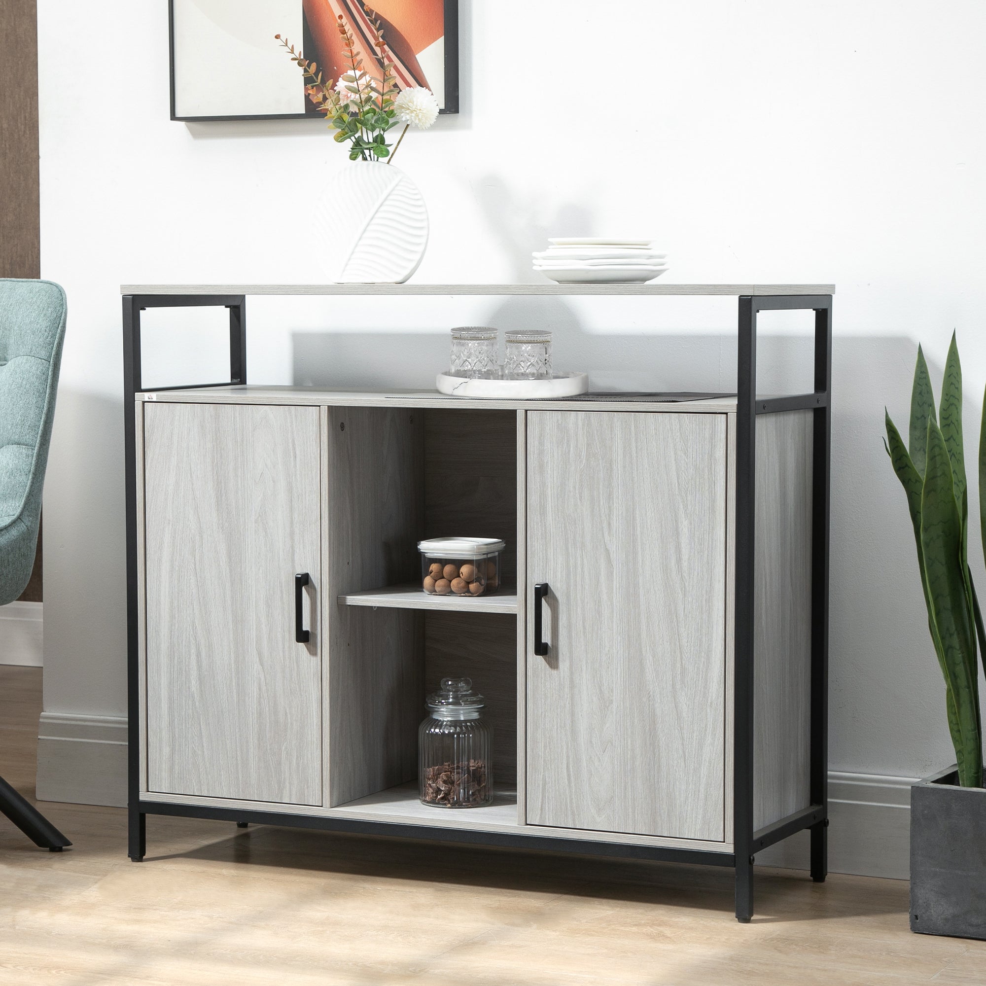 HOMCOM Modern Sideboard, Steel Frame Storage Cabinet with 2 Doors and Adjustable Shelves for Living Room, Hallway, Light Grey - North Peak Garden Furniture