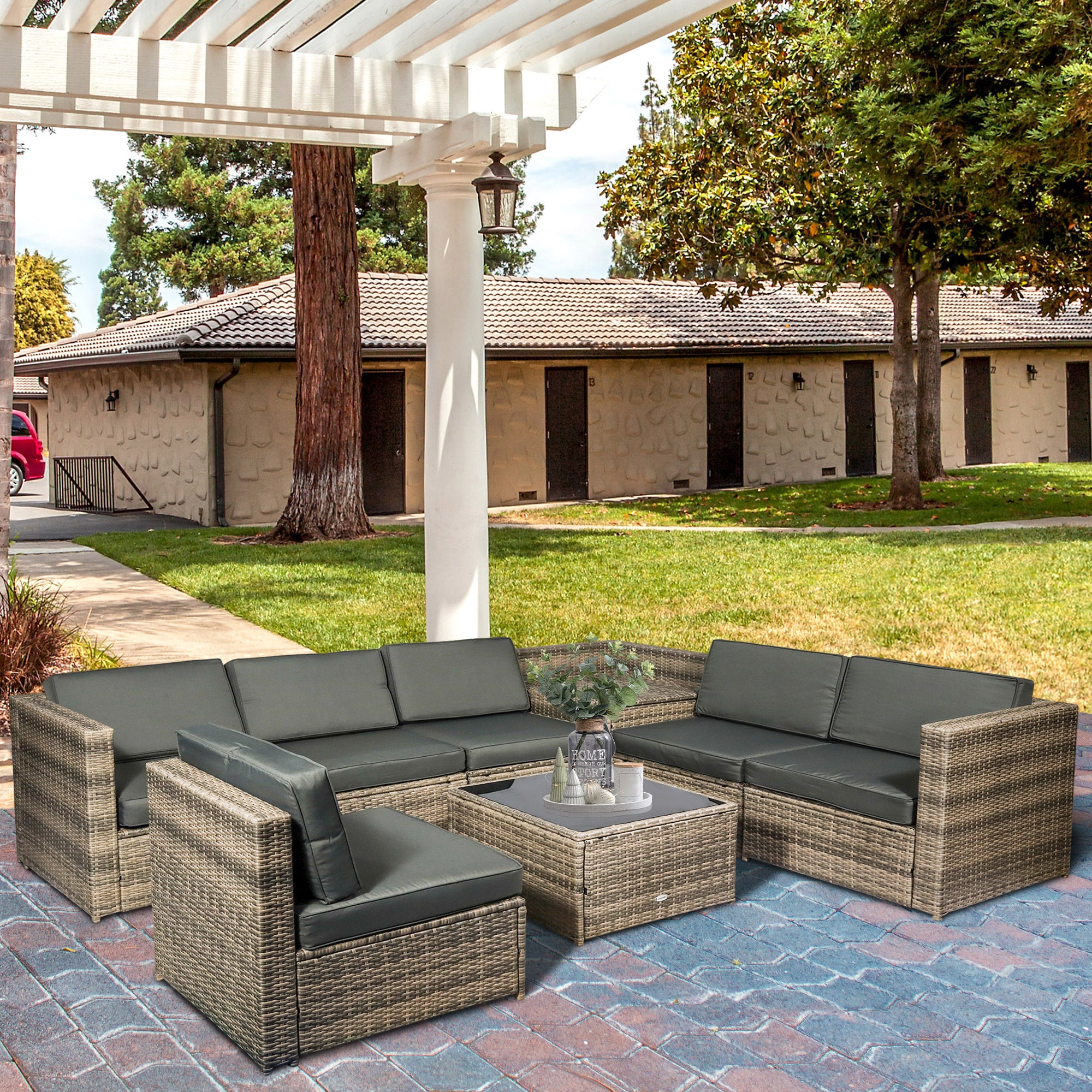 Outsunny 8 Pieces Outdoor PE Rattan Sofa Set with Cushions, Patio Garden Furniture Sets with Glass Top Coffee Table, Storage Corner Table, Mixed Brown - North Peak Garden Furniture