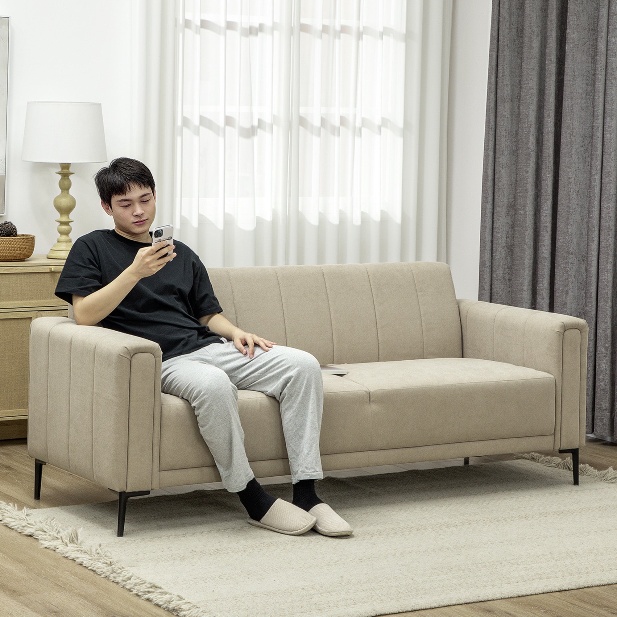 HOMCOM 3 Seater Sofa, Modern Fabric Sofa Couch, Channel Tufted Upholstered Sofa Settee for Living Room, Guest Room, Bedroom, Home Office, Khaki - North Peak Garden Furniture