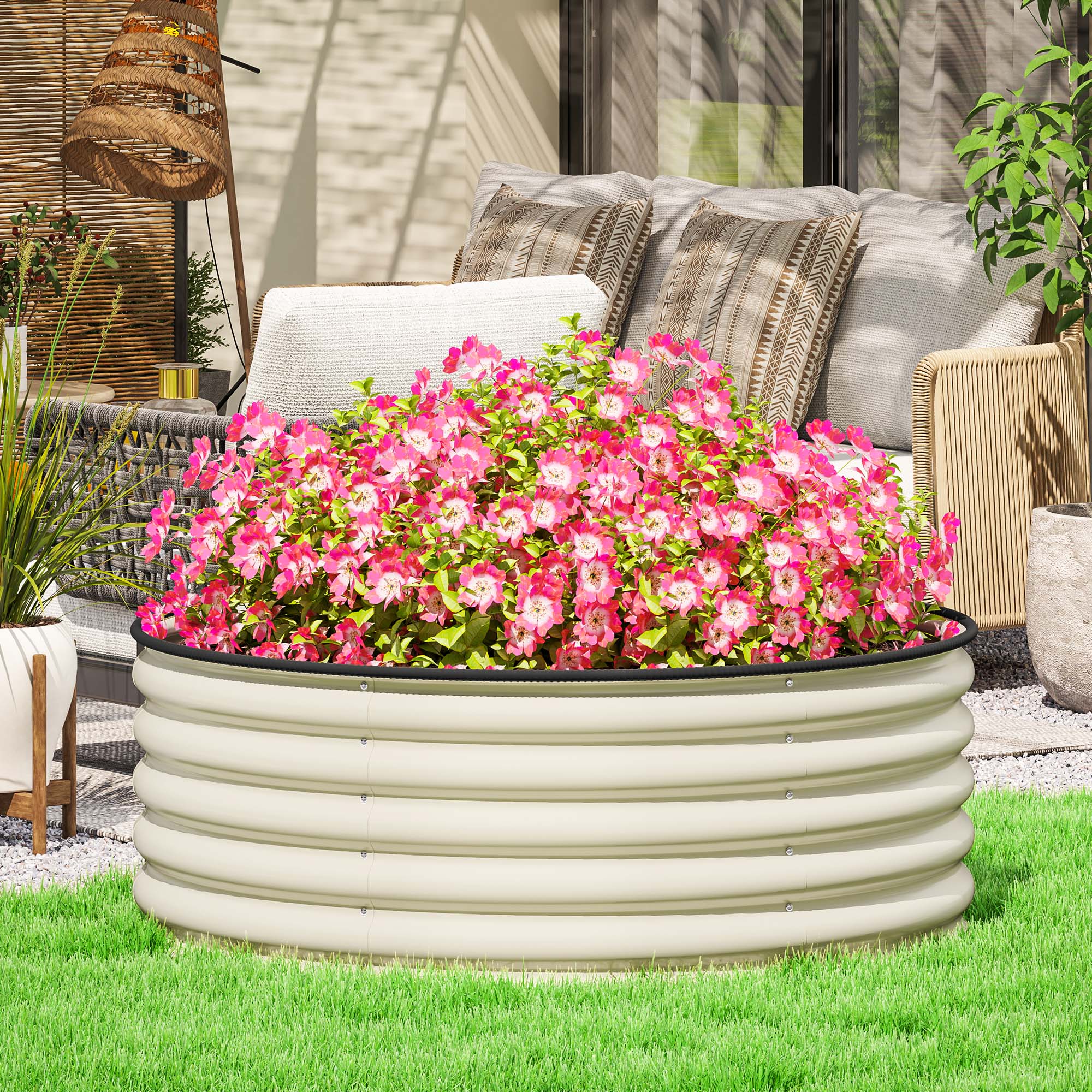 Outsunny Galvanised Raised Garden Bed with Safety Edging, Outdoor Raised Planter Box with Gloves, 120 x 120 x 43cm, Cream White - North Peak Garden Furniture