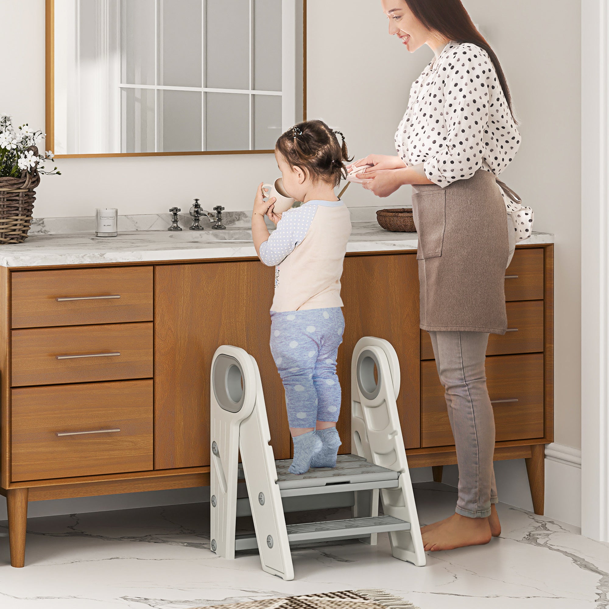 AIYAPLAY Foldable & Adjustable Toddler Tower with Handle, Non-Slip, Grey - North Peak Garden Furniture