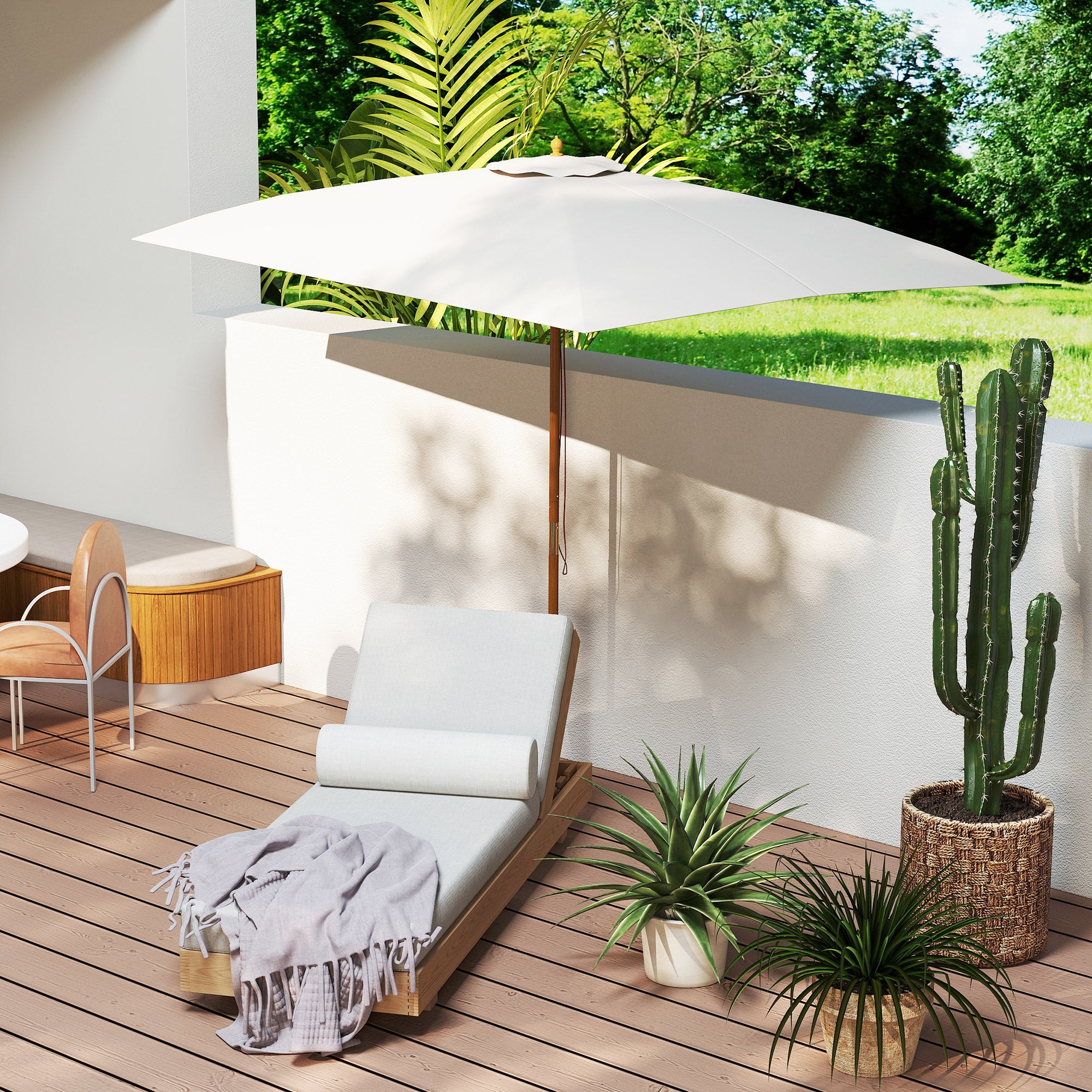 Outsunny 2 x 3m Wooden Garden Parasol Umbrella Outdoor Sun Shade Canopy, Cream White - North Peak Garden Furniture