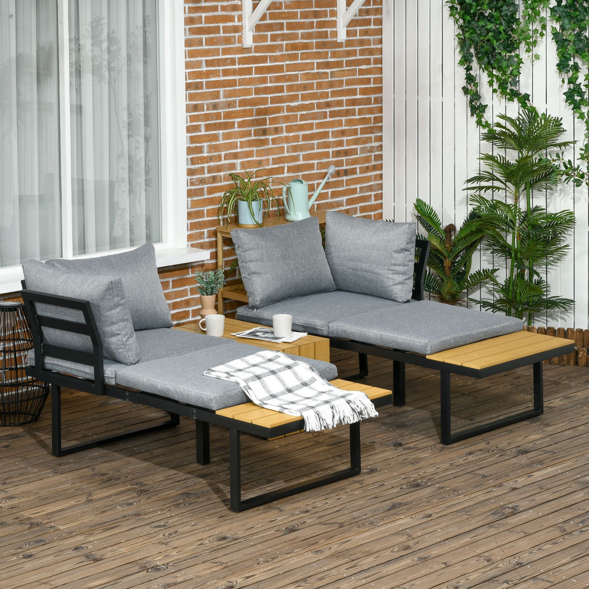 Outsunny 3 Pieces Patio Furniture Set, Outdoor Garden Sofa Conversation Set w/ Padded Cushions, Wood Grain Plastic Top Table and Side Panel, Dark Grey - North Peak Garden Furniture