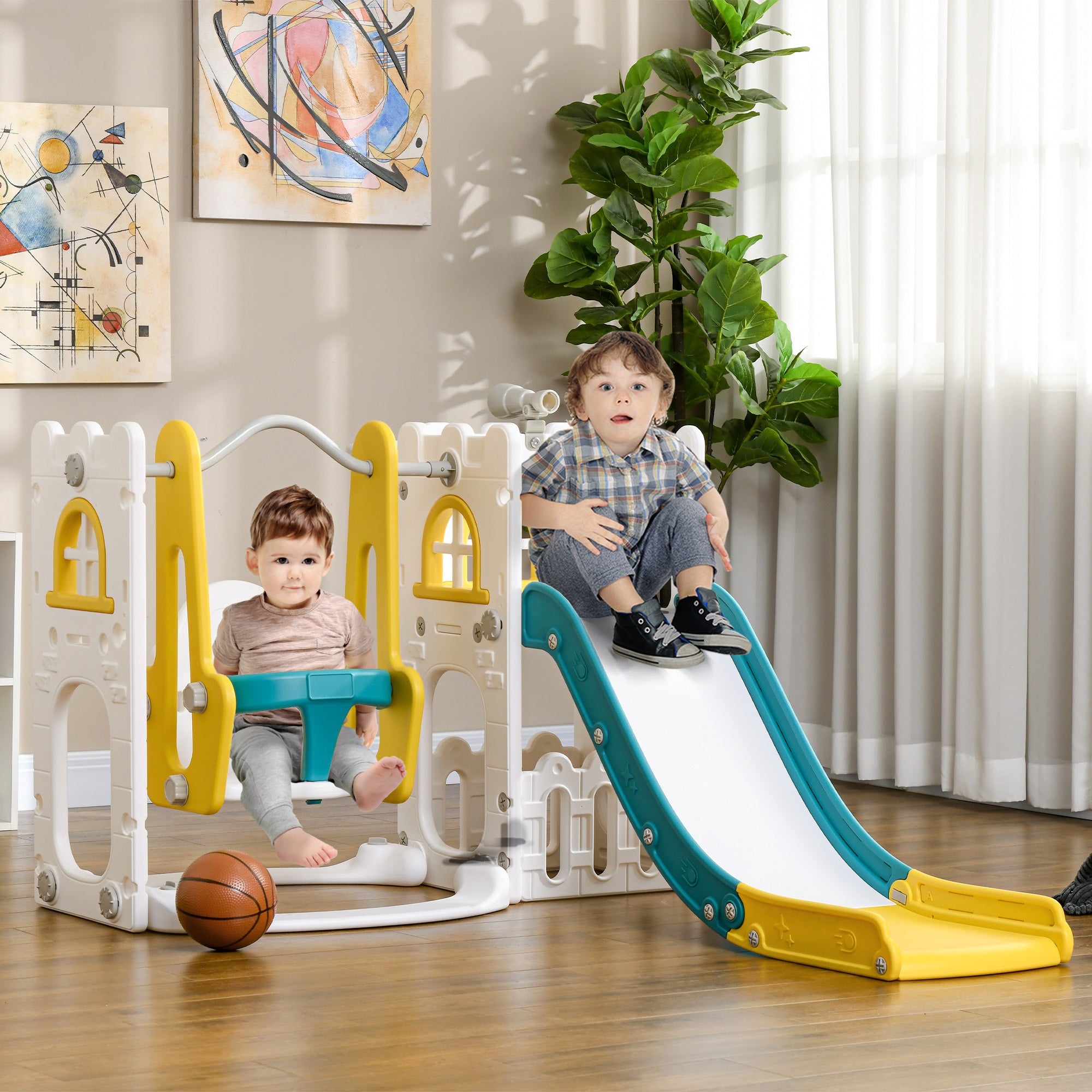 AIYAPLAY 6-in-1 Swing and Slide Set, Kids Playground with Basketball Hoop, Telescope, Storage Space - Yellow - North Peak Garden Furniture