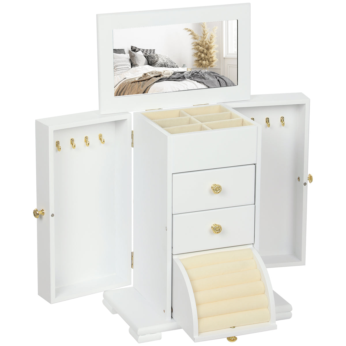 HOMCOM 4-Tier Jewellery Box with Mirror and 3 Drawers - White