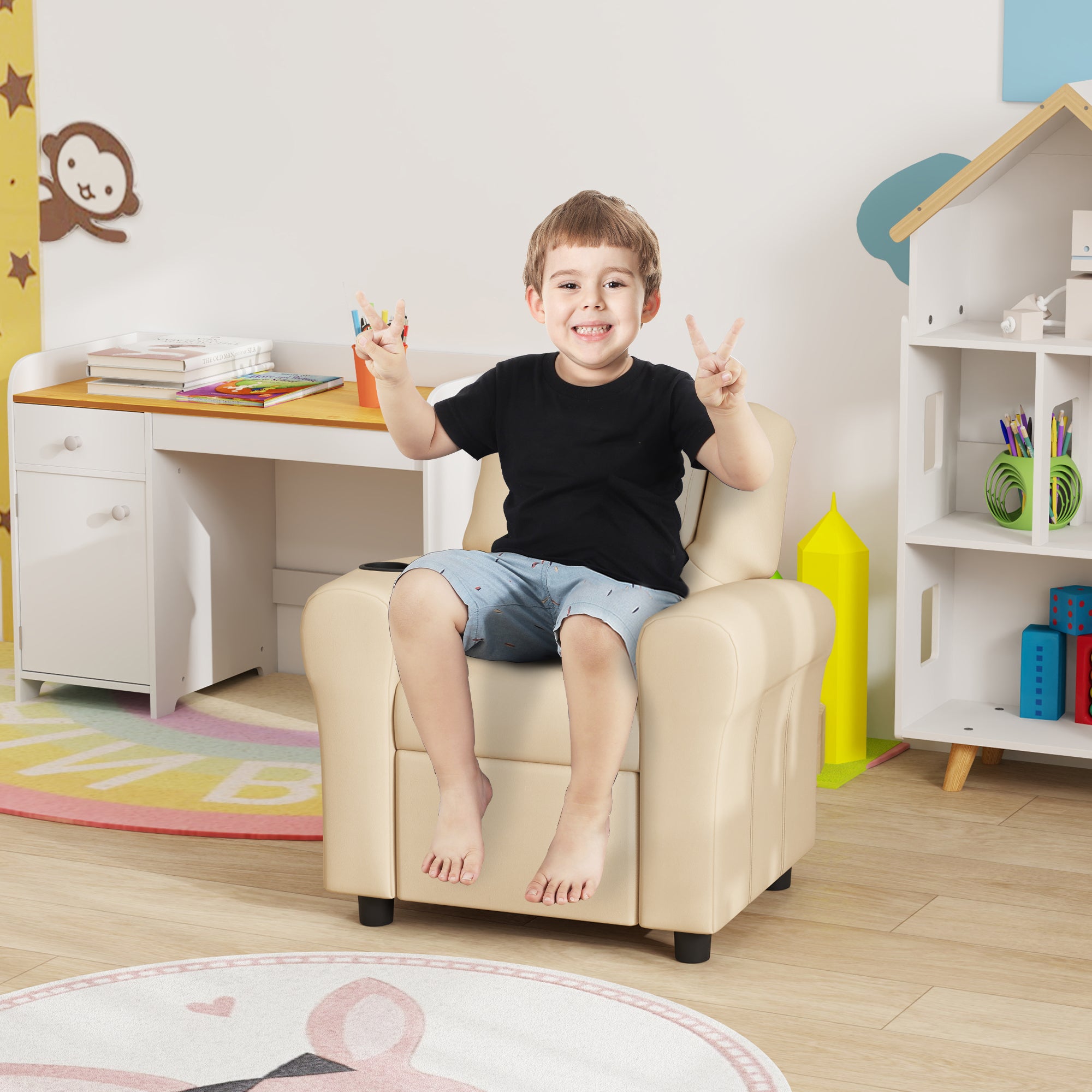 HOMCOM Kids Recliner Chair, PU Leather with Adjustable Backrest, Footrest, Padded Headrest, Beige - North Peak Garden Furniture