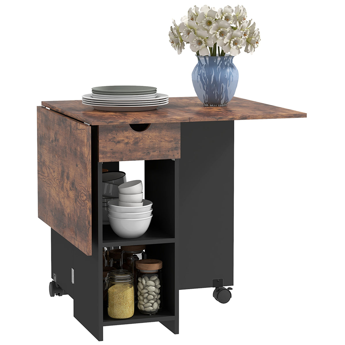 HOMCOM Folding Dining Table, Drop Leaf Table for Small Spaces, Foldable Table with Drawer and Storage Shelves for Kitchen, Dining Room, Rustic Brown
