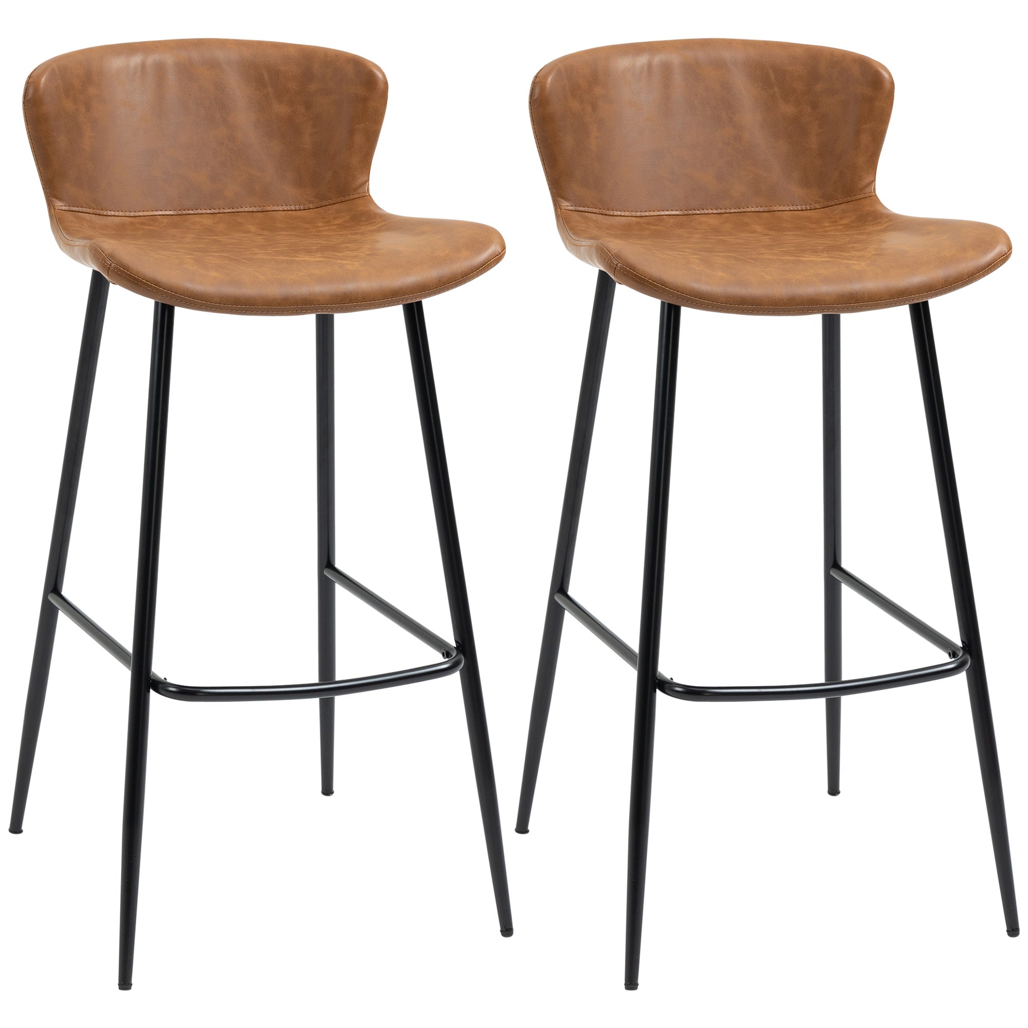 HOMCOM Bar Stools Set of 2, PU Leather Upholstered Bar Chairs, Kitchen Stools with Backs and Steel Legs for Dining Room, Brown - North Peak Garden Furniture
