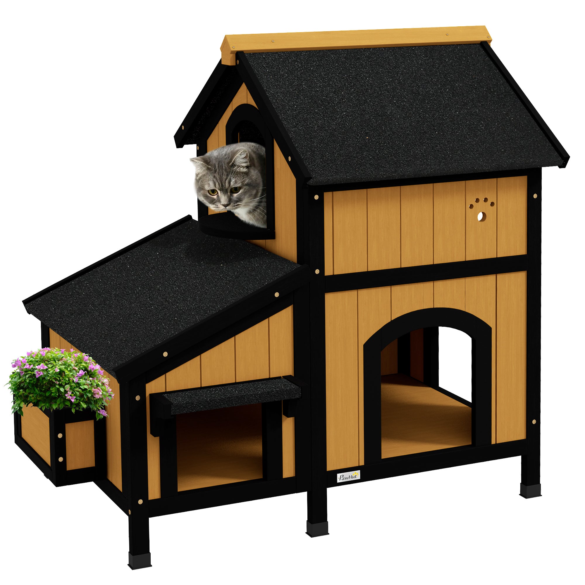 PawHut Wooden Cat House with Flower Pot, Windows, Multiple Entrances, Water-Resistant Roof for Outdoor - Yellow - North Peak Garden Furniture