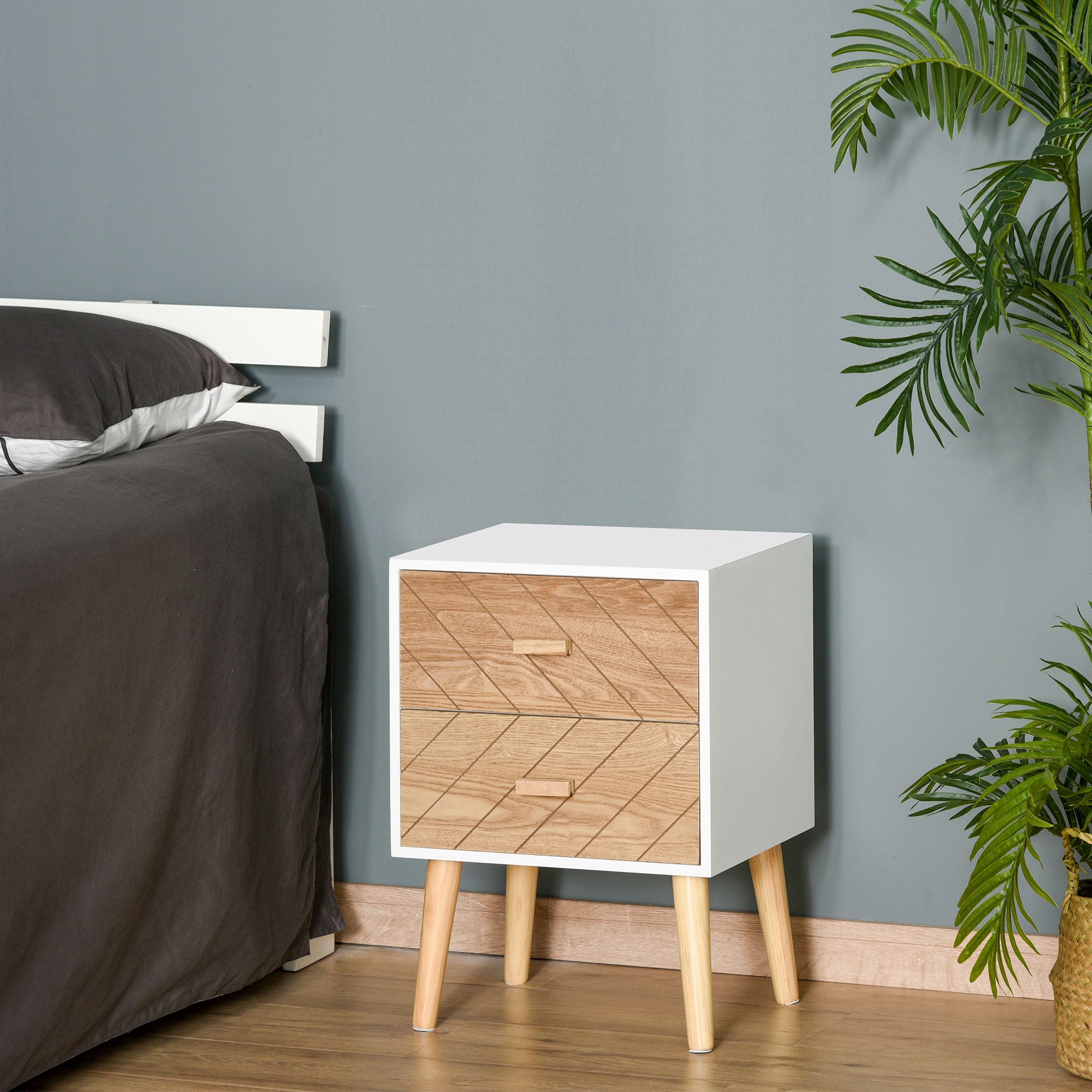 HOMCOM 2 Drawers Bedside Table with Pine Legs, Bedroom Wooden Storage Cabinet, Natural - North Peak Garden Furniture