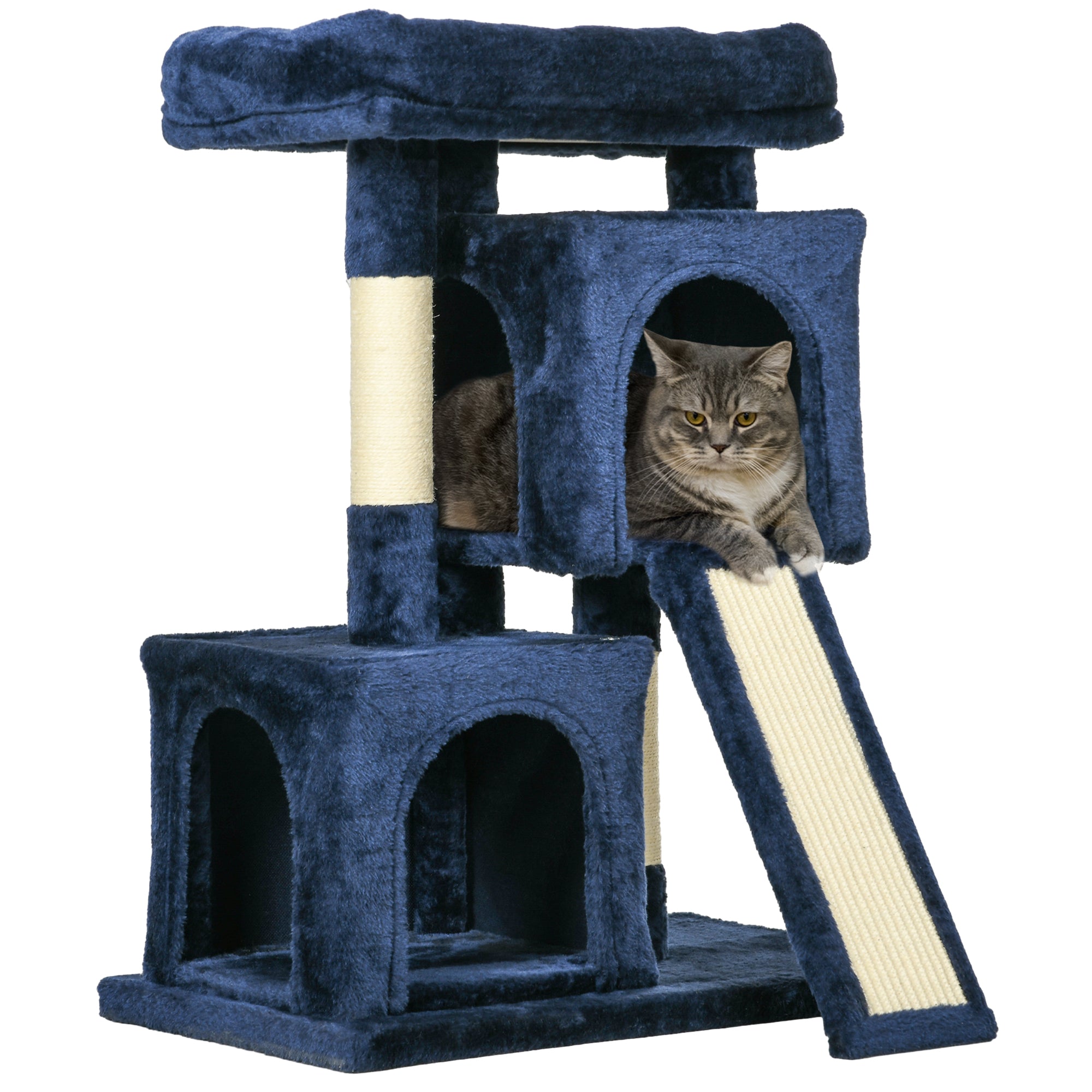 PawHut Sisal Cat Rest & Play Activity Tree w/ 2 House Navy Blue - North Peak Garden Furniture