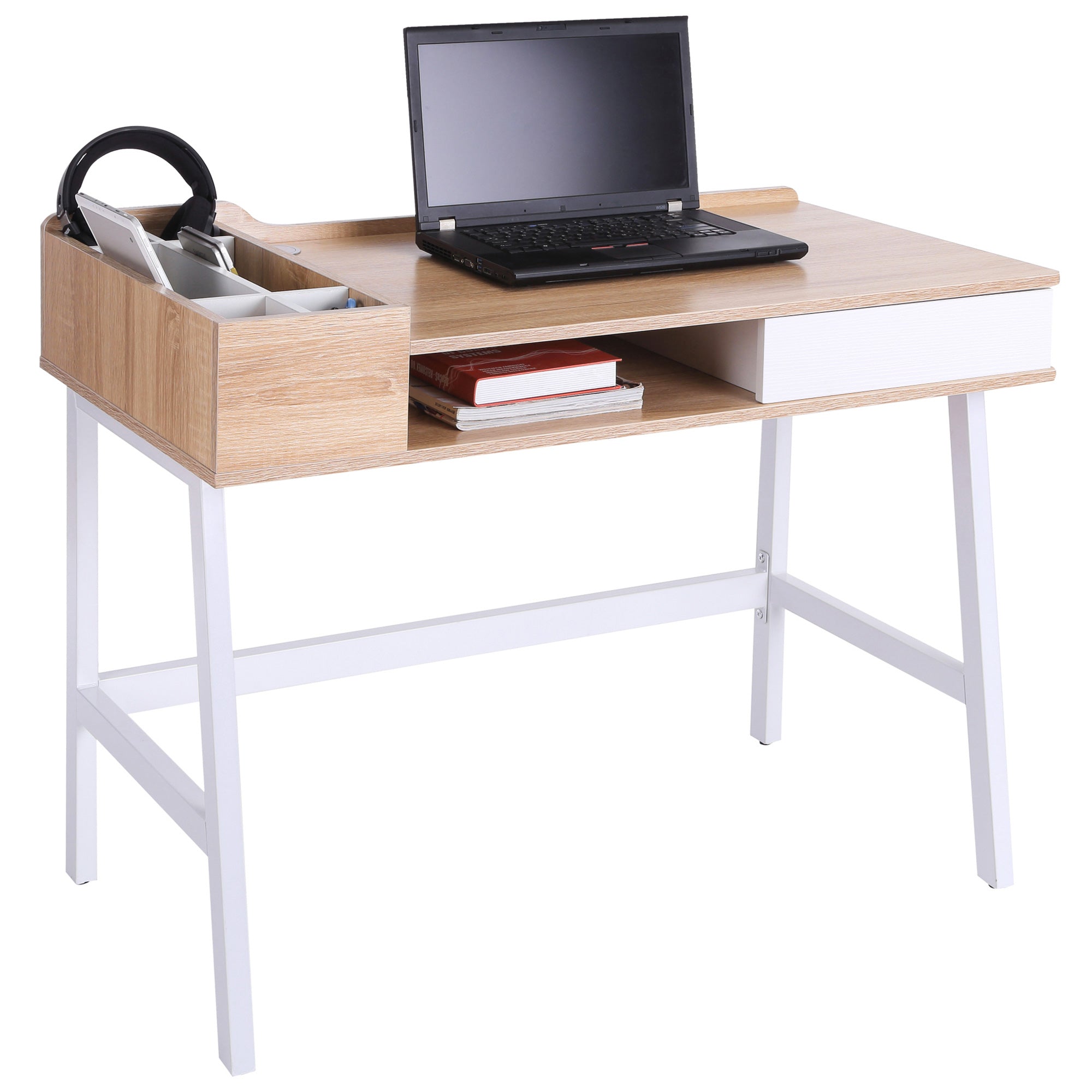 HOMCOM Computer Desk, Writing Desk, Study Workstation with Drawer, Storage Compartments, Cable Management, Laptop Table, Metal Frame, 100 x 55 x 81.5cm, Oak and White - North Peak Garden Furniture
