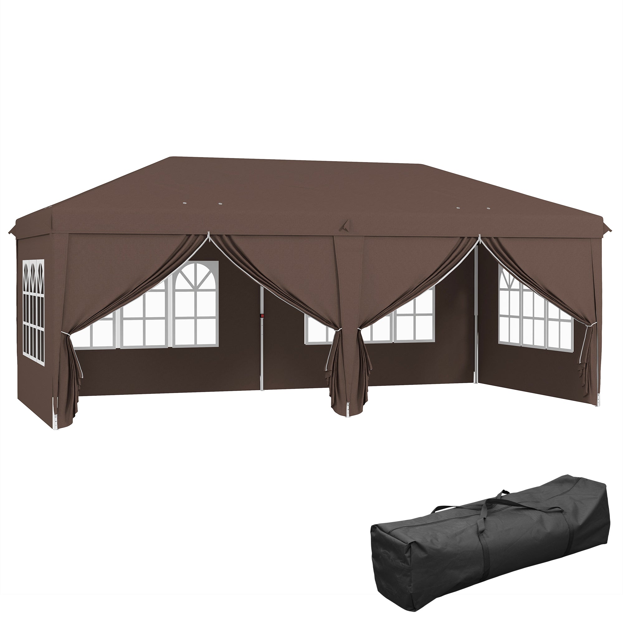 Outsunny 3 x 6 m Pop Up Gazebo with Sides and Windows, Height Adjustable Party Tent with Storage Bag for Garden, Camping, Event, Brown - North Peak Garden Furniture