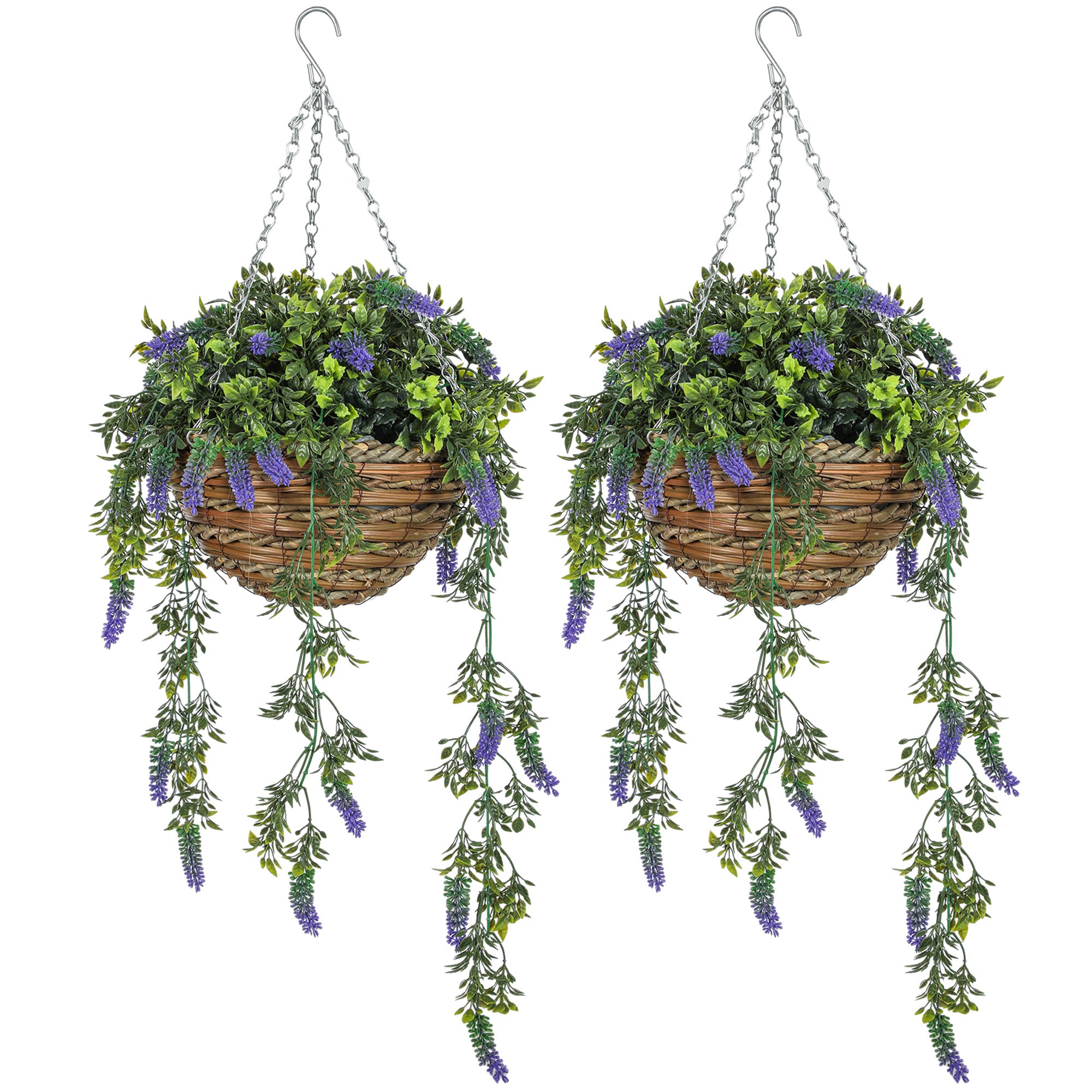 HOMCOM Set of 2 Decorative Artificial Plants, Faux Silk Lavender Flowers in Hanging Baskets, Fake Plants for Home Indoor Outdoor Decor, Purple - North Peak Garden Furniture