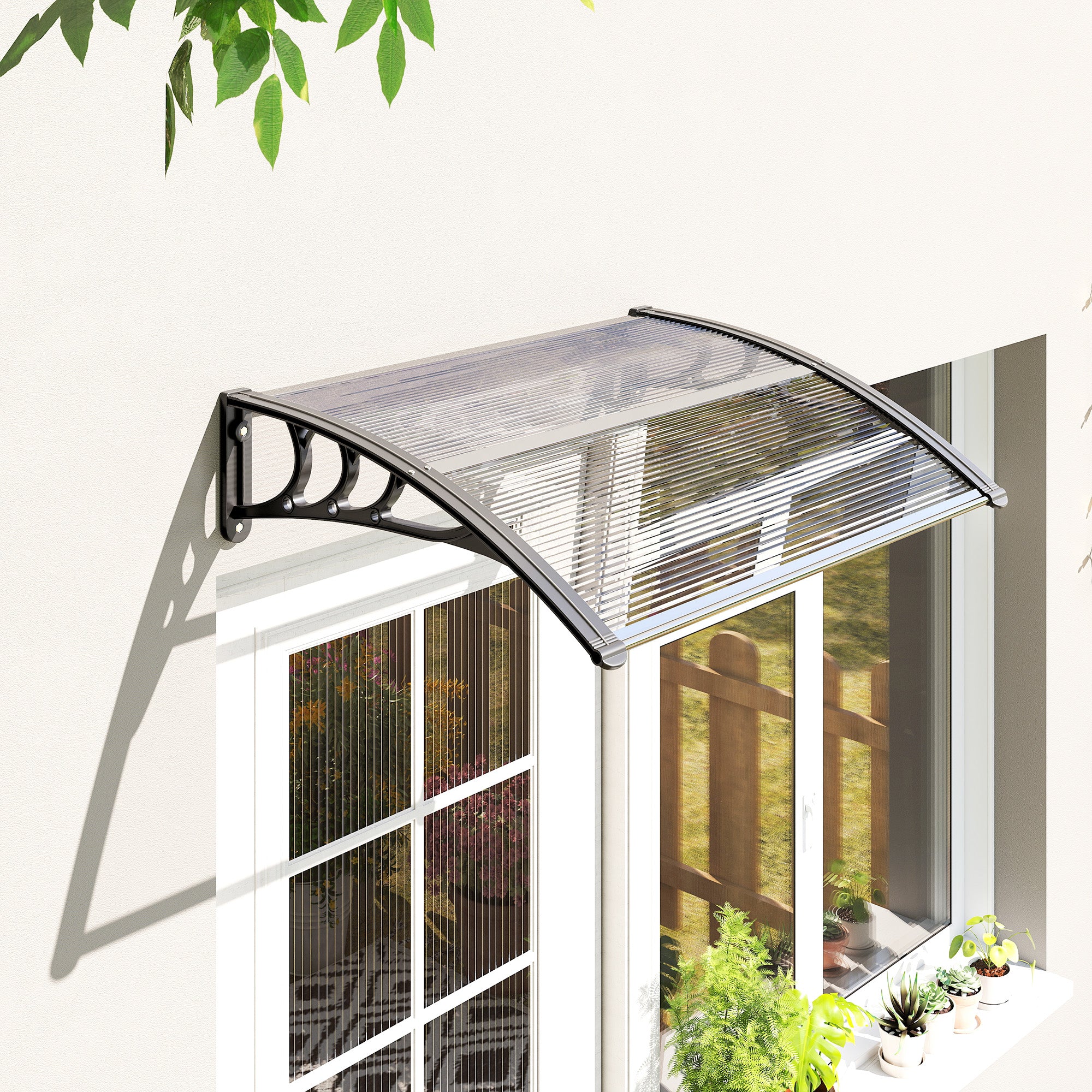 Outsunny Front Door Canopy Outdoor Awning Aluminium Rigid Plastic Polycarbonate Rain Shelter UV Water Rain Resistant 120 x 75cm White
