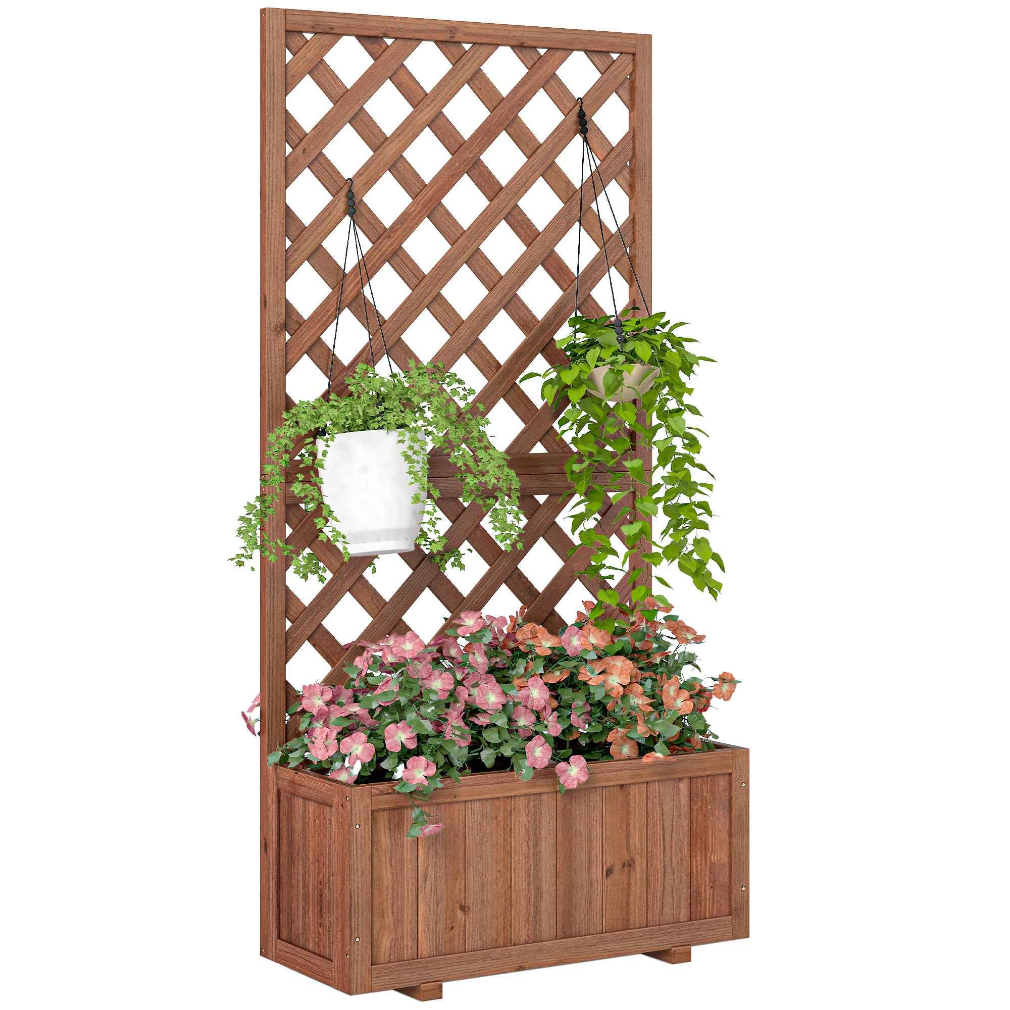 Outsunny 72.5 x 31.5 x 149.5 cm 45L Garden Wooden Pine Trough Planter with Topped Trellis Climbing Plants Flower Raised Bed, Orange