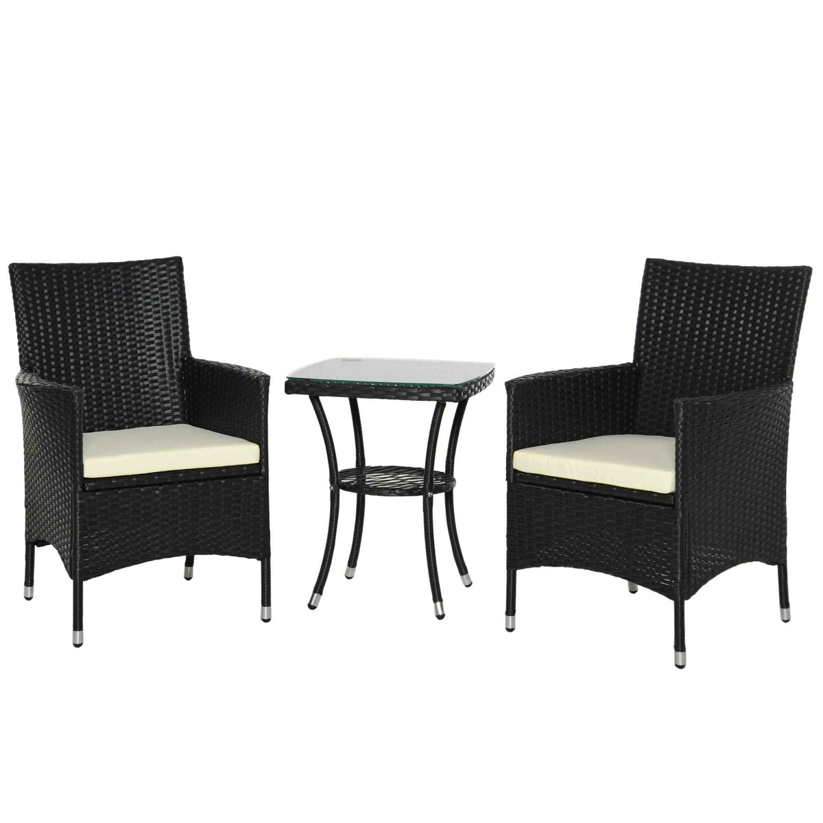 Outsunny 3 Pieces Rattan Bistro Set, Wicker Garden Furniture Set with 2-Tier Coffee Table and Chairs, Cushions, for Outdoor Patio Balcony, Black