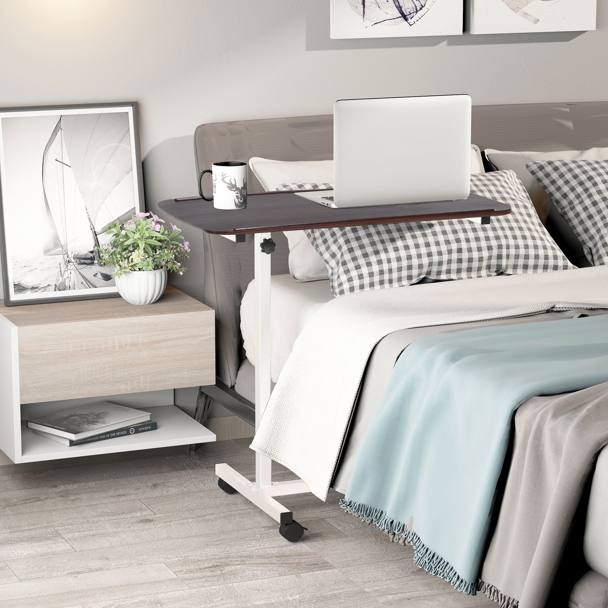HOMCOM Height Adjustable Overbed Table with Wheels, C Shaped Laptop Desk, Portable Rolling Bedside Table for Living Room, Bedroom, Brown - North Peak Garden Furniture
