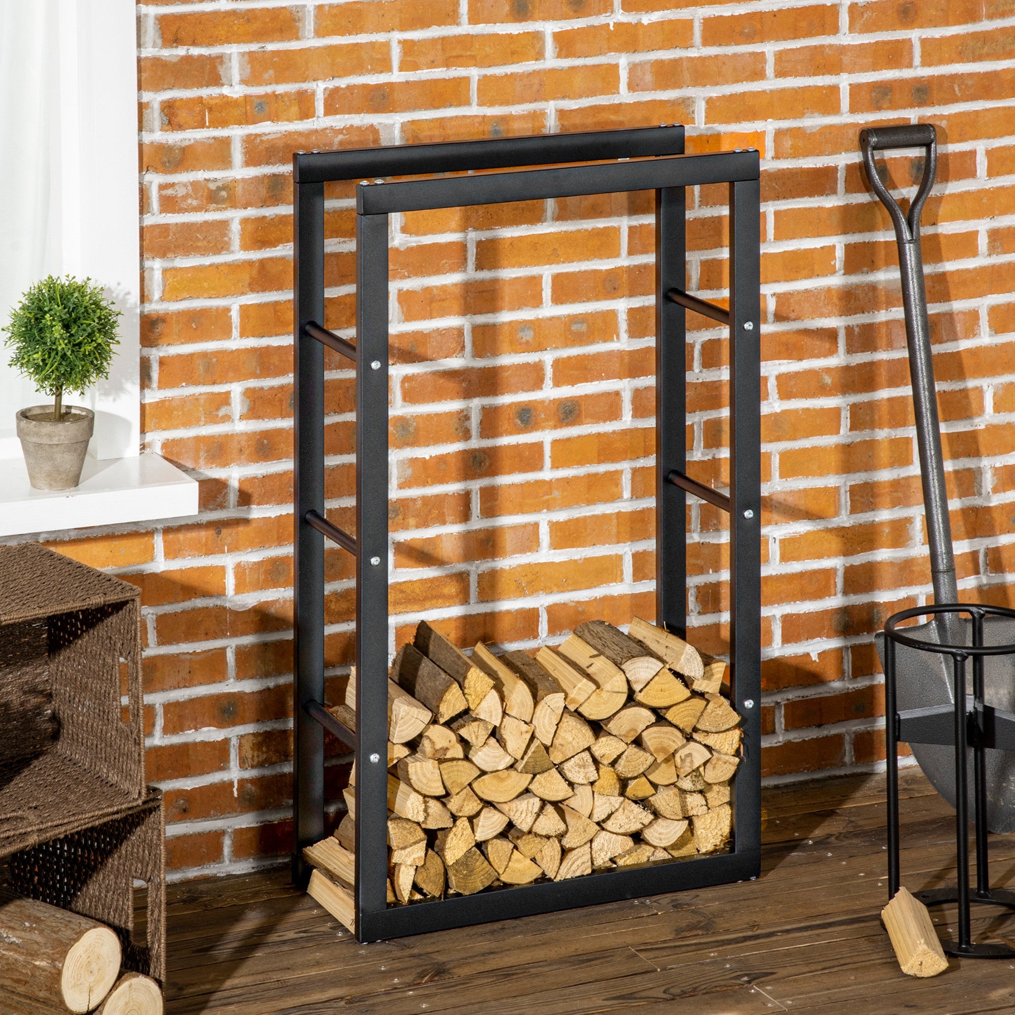 HOMCOM Metal Firewood Log Holder Tall Firewood Rack Indoor Outdoor Fireplace Wood Storage Shelf with Side Rails, Rust-Resistant, Black, 60W x 25D x 100H cm - North Peak Garden Furniture