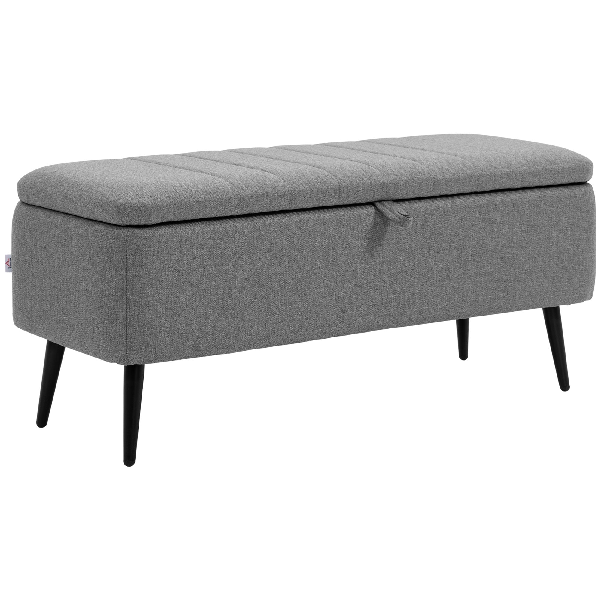 HOMCOM Storage Ottoman with Flip Top, Rectangular Upholstered Bench, Linen Fabric Footstool with Steel Legs for Living Room, Bedroom, Grey - North Peak Garden Furniture