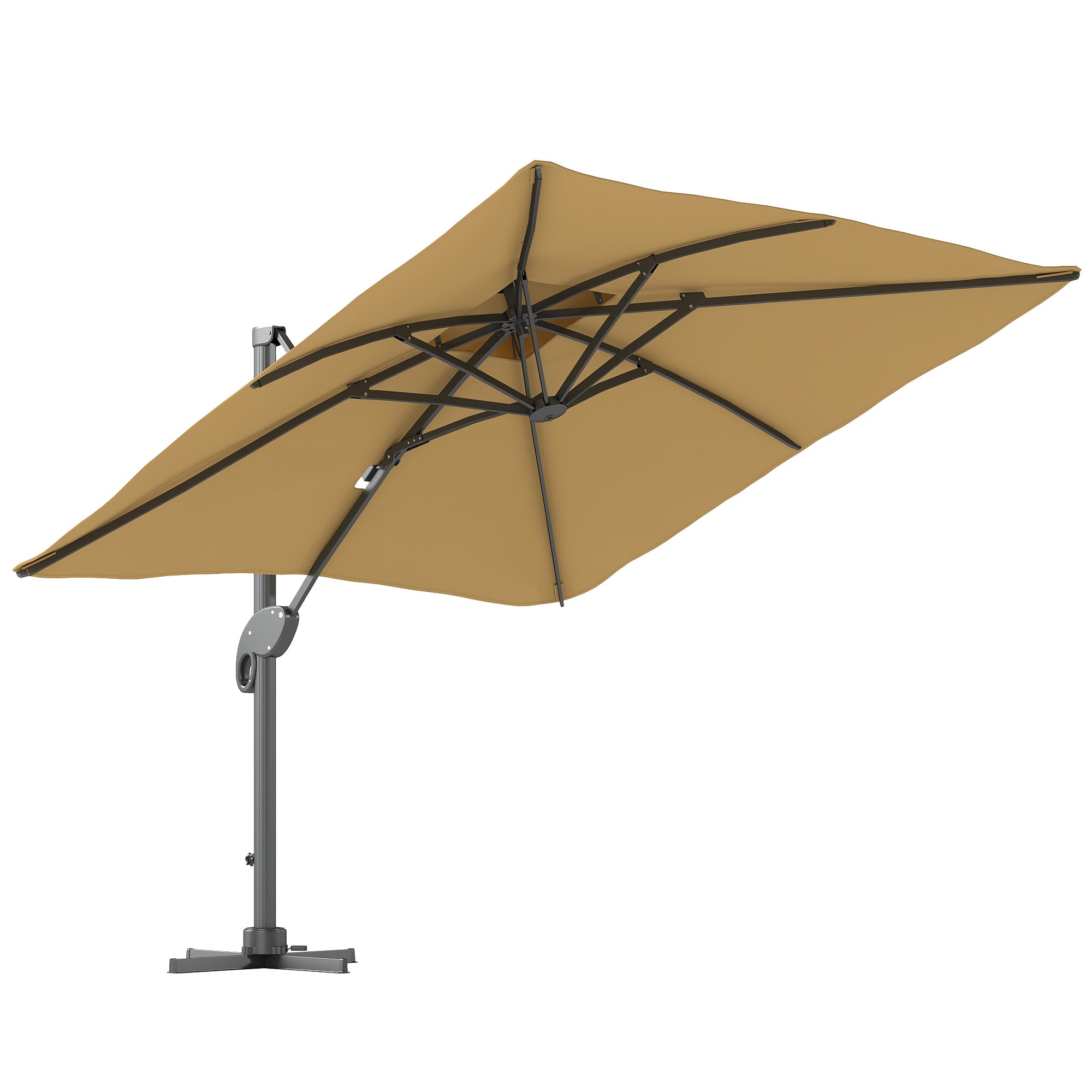 Outsunny Garden Parasol, 3(m) Cantilever Parasol with Hydraulic Mechanism, Dual Vented Top, 8 Ribs, Cross Base, Khaki - North Peak Garden Furniture