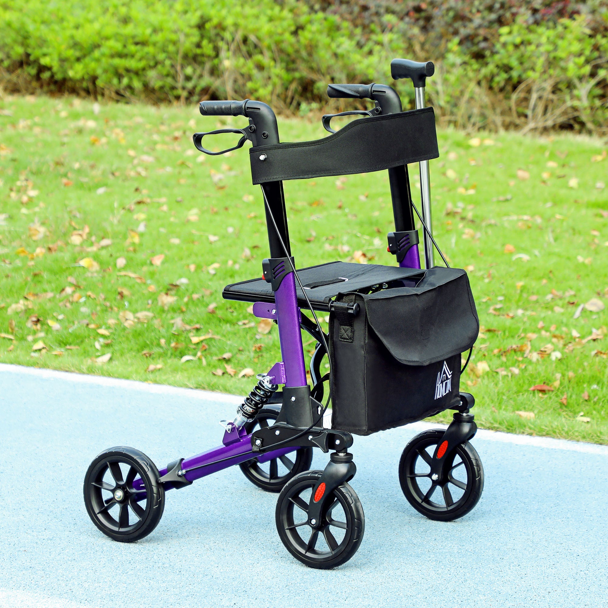 HOMCOM Folding Rollator Walker with Seat, Backrest, Lightweight Walking Frame with Storage Bag, Dual Brakes, Adjustable Handle Height, Suspension System, 4 Wheeled Walker for Seniors, Purple - North Peak Garden Furniture