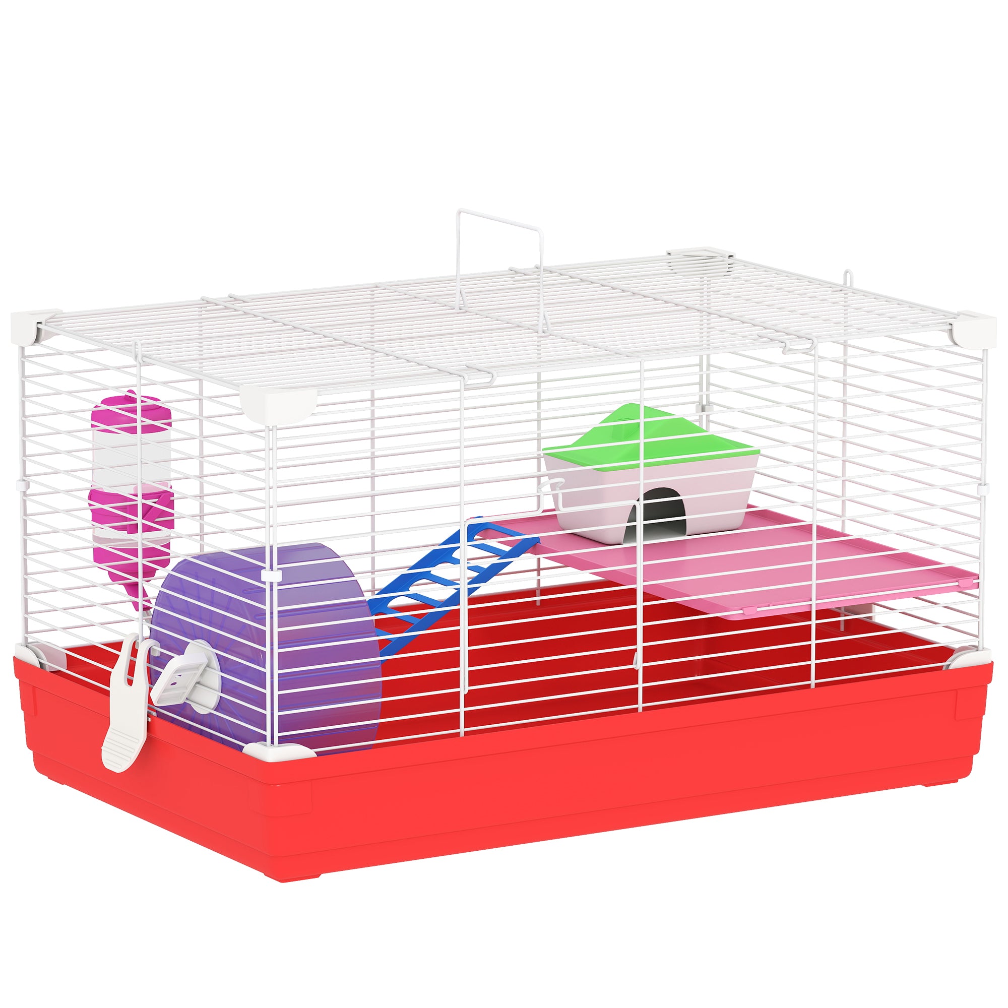 PawHut Portable 2 Storey Hamster Cage Small Pet Animal Cage Double Layers w/ Exercise Wheel Water Bottle Dishes