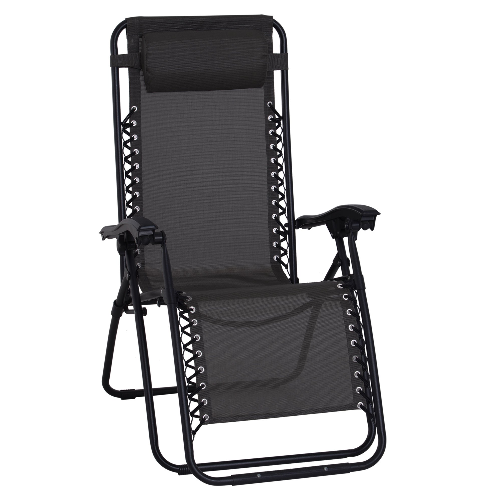 Outsunny Zero Gravity Chair Metal Frame Texteline Armchair Outdoor Folding and Reclining Sun Lounger with Head Pillow for Patio Decking Gardens Camping, Black - North Peak Garden Furniture