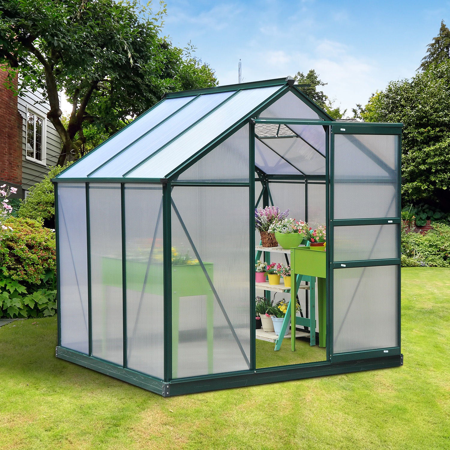 Outsunny 6 x 6ft Polycarbonate Greenhouse, Large Walk-In Green House with Slide Door and Window, Garden Plants Grow House with Aluminium Frame and Foundation, Dark Green - North Peak Garden Furniture