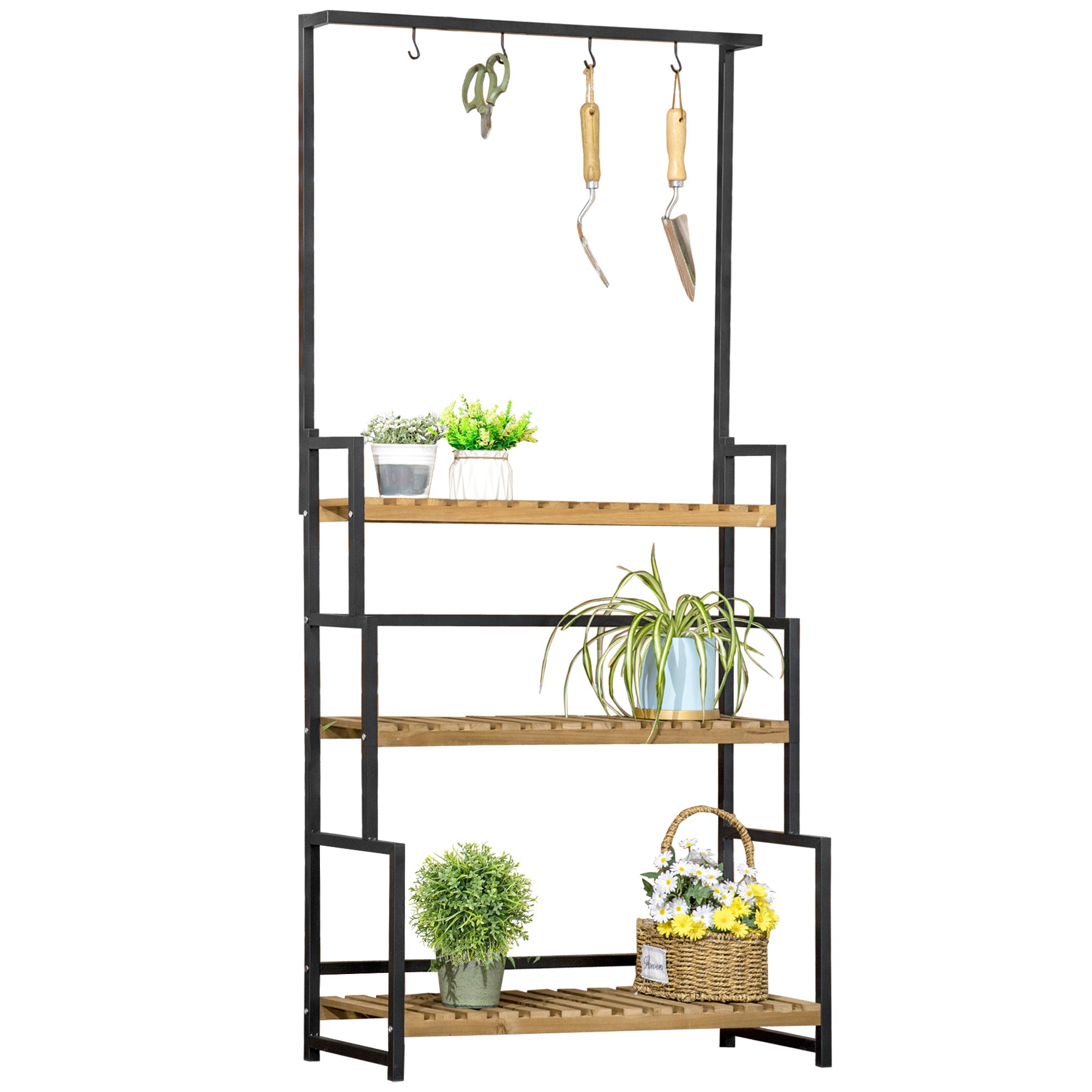Outsunny 3 Tiered Plant Stand with Hanging Hooks, Flower Rack Shelf for Indoor Outdoor Porch Balcony Living Room Bedroom - North Peak Garden Furniture