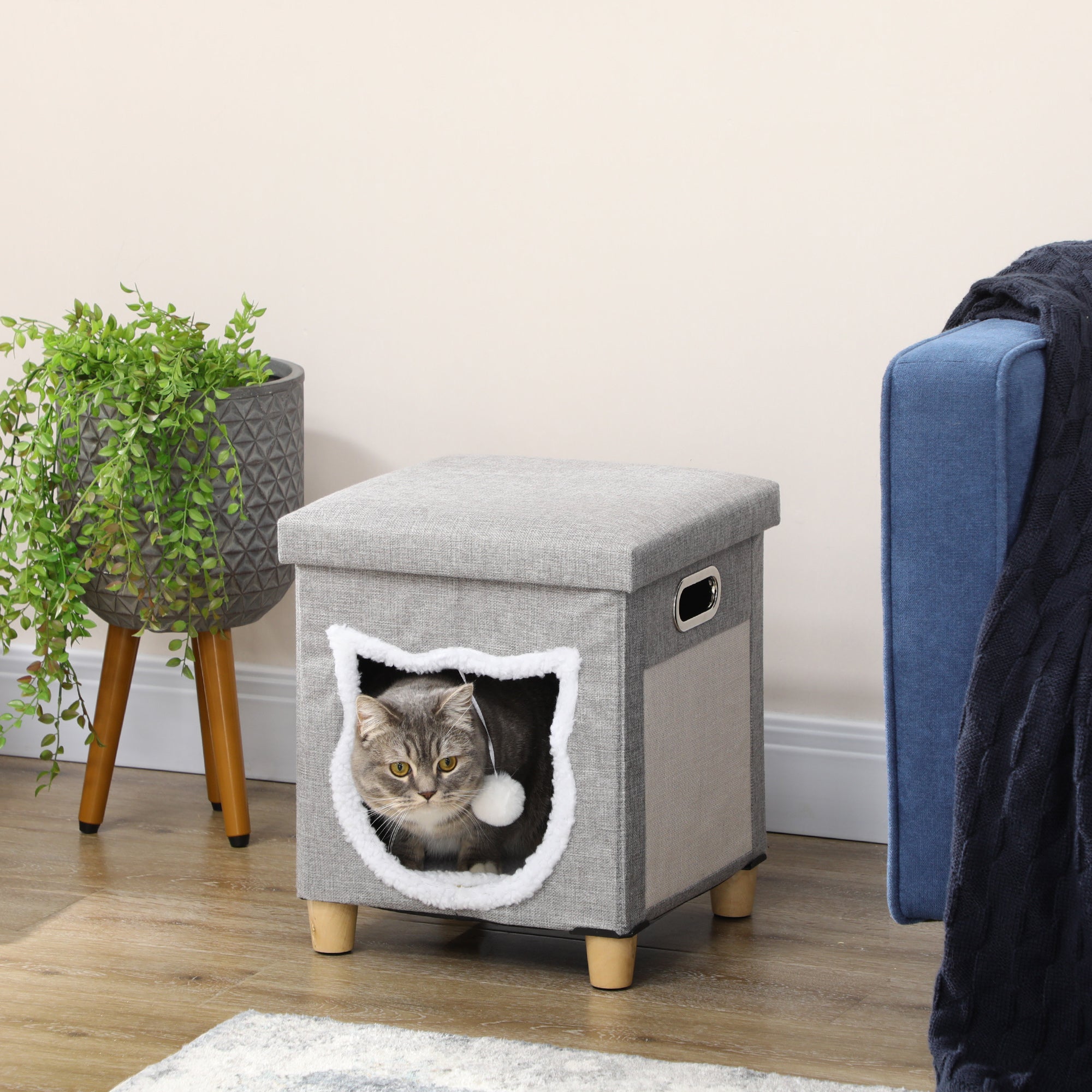 PawHut 2 in 1 Cat Bed Ottoman, Comfortable Cat Sleeping Cave House w/ Removable Cushion, Scratching Pad, Handles, Anti-Slip Foot Pad, Toy Ball, Entrance - Grey - North Peak Garden Furniture