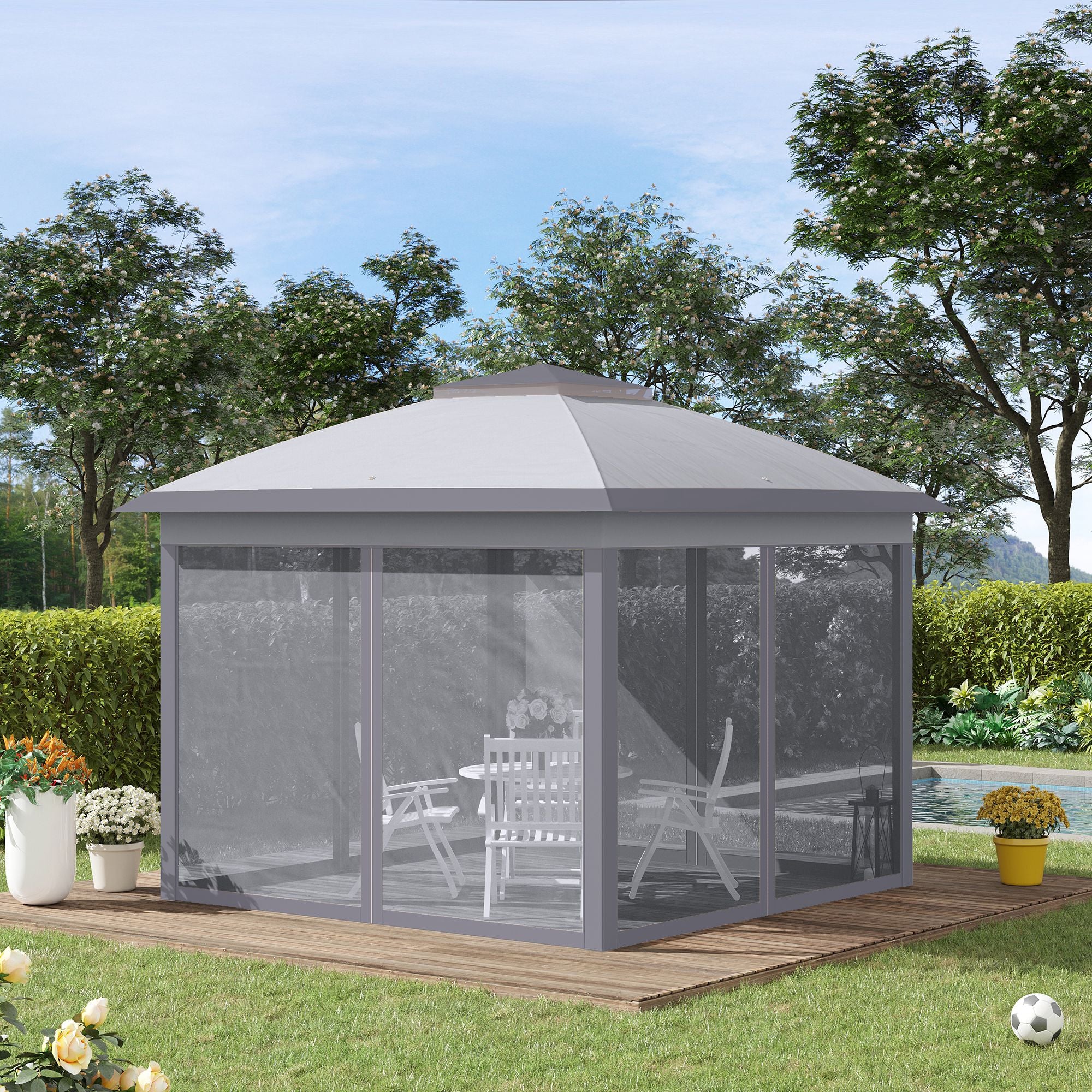 Outsunny 330cm x 330cm Pop Up Canopy, Double Roof Foldable Canopy Tent with Zipped Mesh Sidewalls, Height Adjustable and Carrying Bag, Event Tent for Patio Garden, Grey - North Peak Garden Furniture