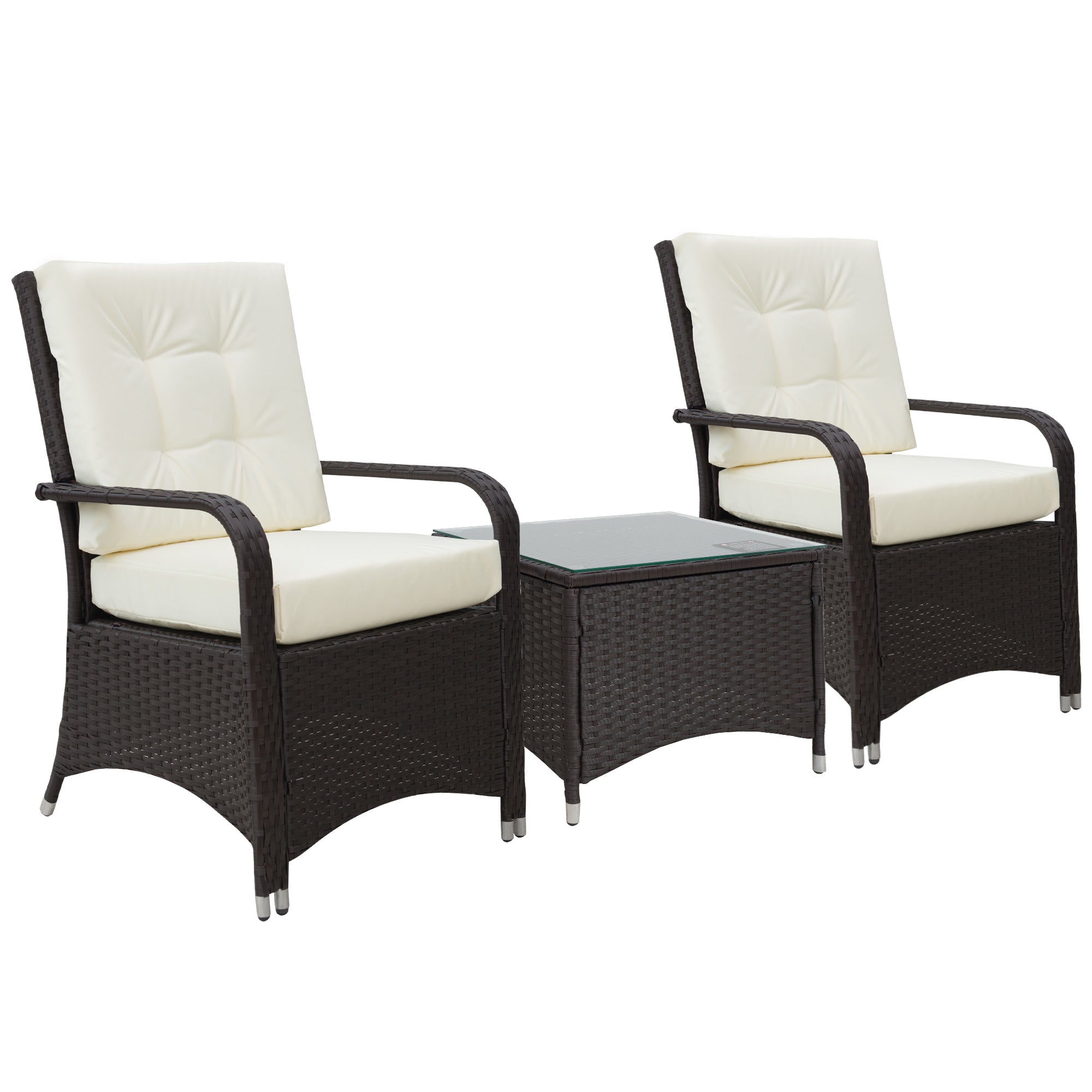 Outsunny 3 Pieces Rattan Bistro Set with Furniture Cover, Wicker Garden Furniture Set, Glass Top Coffee Table and Chairs with Cushions for Outdoor, Patio, Balcony, Cream White - North Peak Garden Furniture