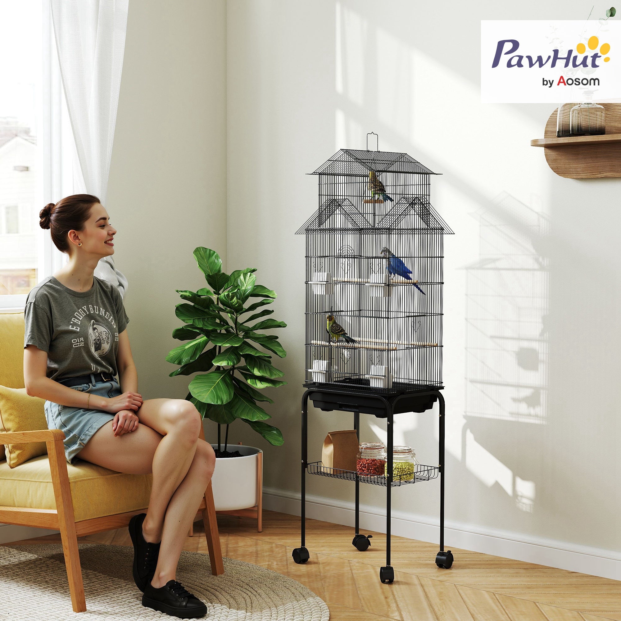 PawHut Metal Bird Cage with Plastic Swing, Perch, Food Container, Tray, Handle, for Finches, Canaries, Budgies, 43 x 32.5 x 163 - North Peak Garden Furniture