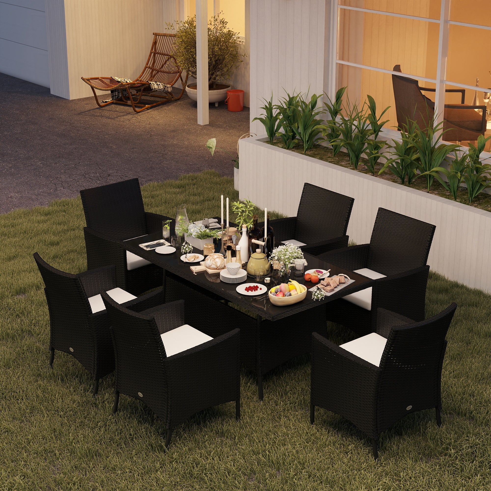 Outsunny 6 Seater Rattan Dining Set with Cushions, Rattan Garden Furniture Set with 6 Armchairs, Rectangular Glass Top Table, Outdoor Dining Table and Chairs, Black - North Peak Garden Furniture