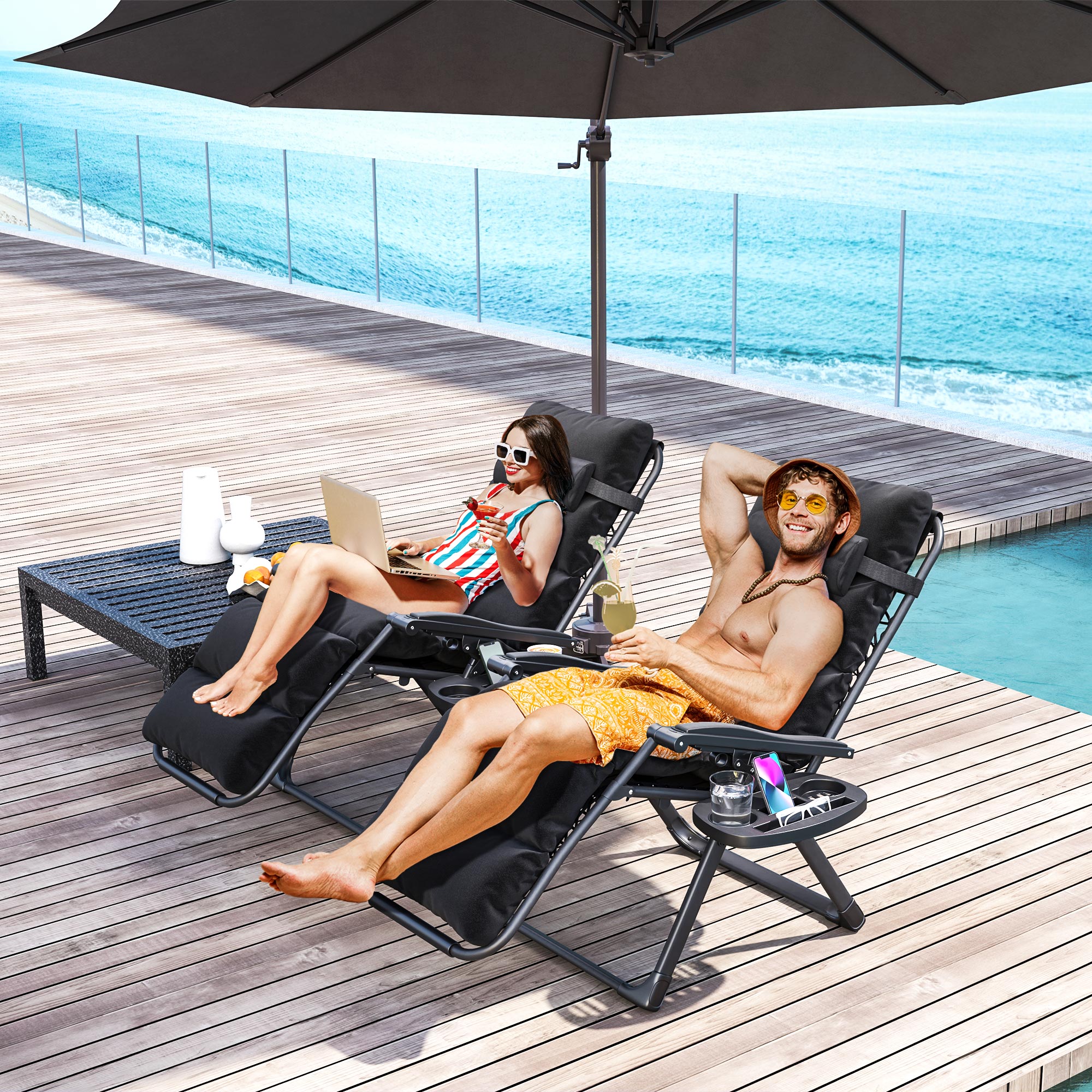 Outsunny Set of Two Reclining Sun Loungers, with Cushion - Black - North Peak Garden Furniture
