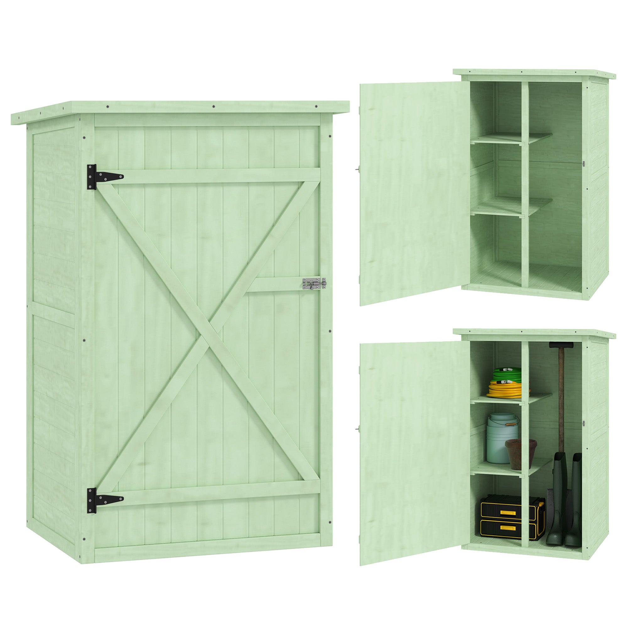 Outsunny Wooden Small Shed, Garden Storage Shed with Shelves and Bolt Latch, 75L x 56W x115H cm, Green - North Peak Garden Furniture