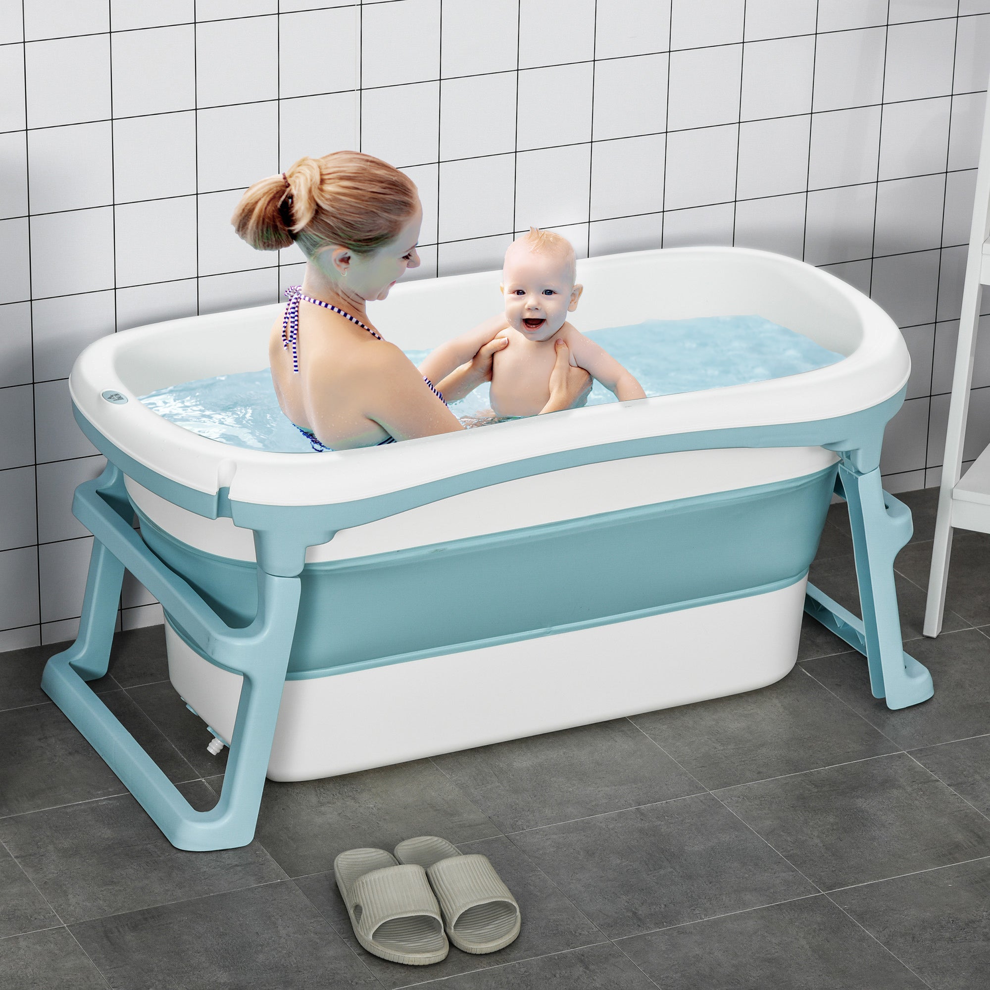HOMCOM Foldable Bathtub Kids Bath Tub with Lid Large Freestanding Bathtubs Home Sauna for Toddler Children Teenage 1 - 12 Years - North Peak Garden Furniture