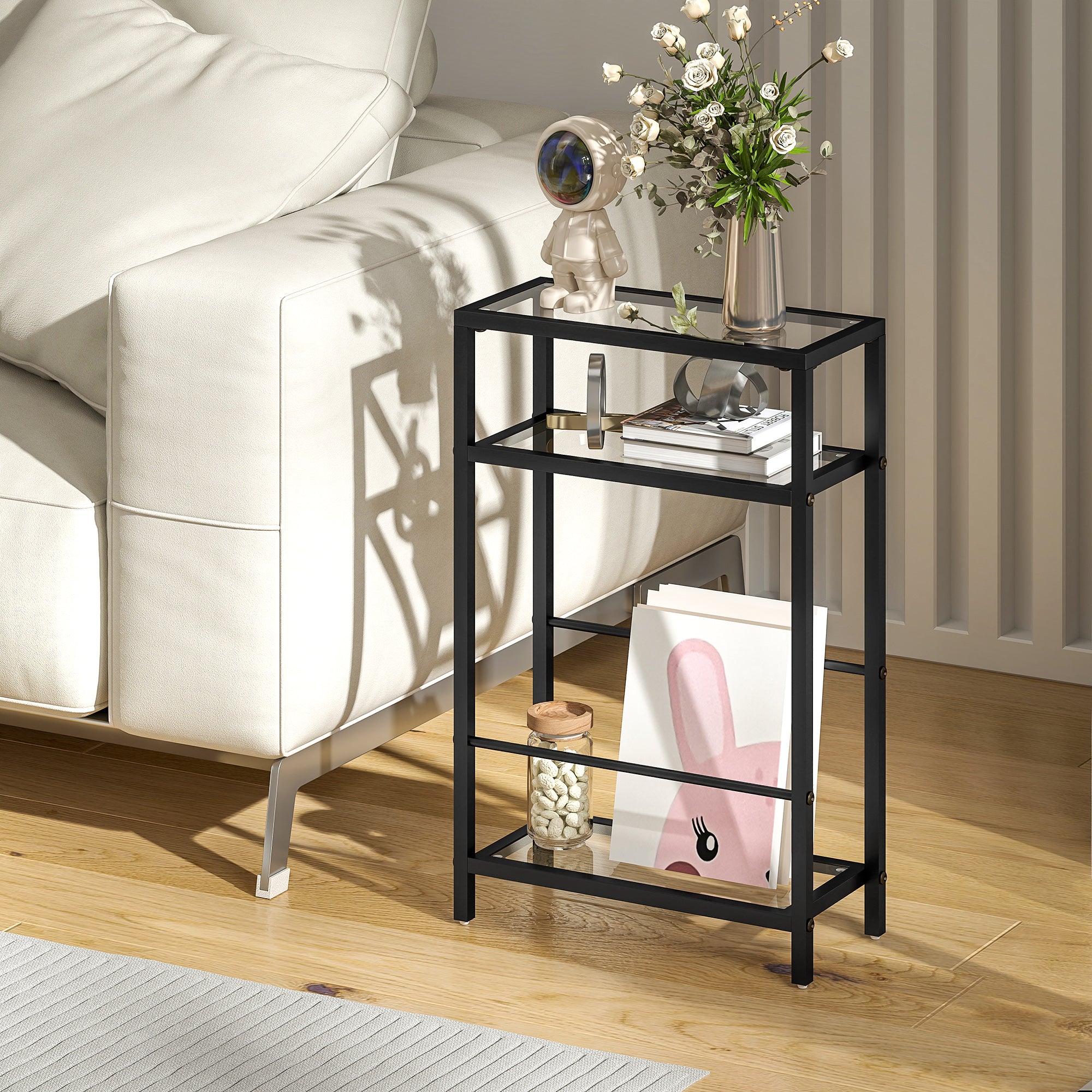 HOMCOM 3-Tier Side Table, Narrow End Table with Storage Shelf and Tempered Glass Tabletop for Small Spaces, Black