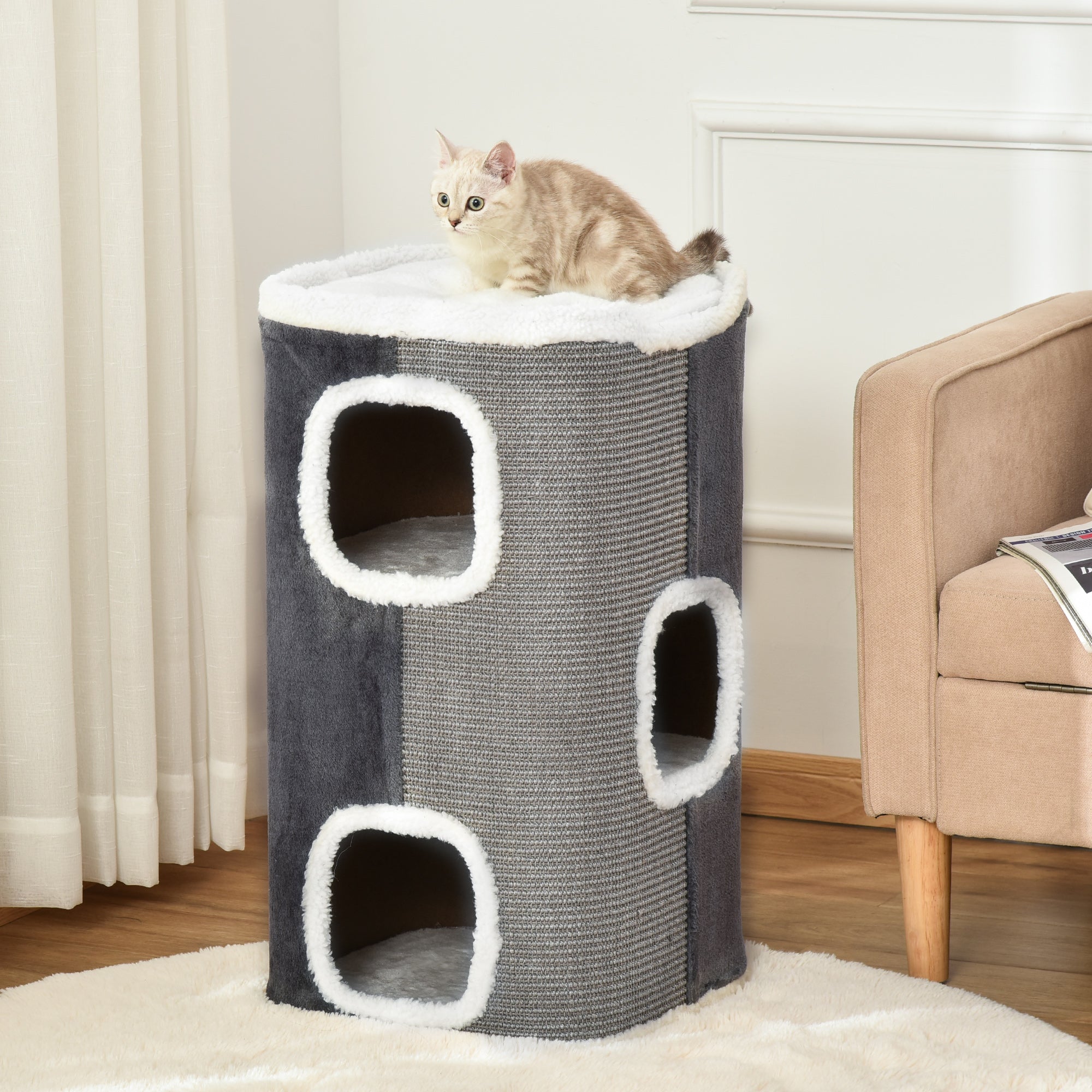 PawHut Sisal Cat Barrel with Soft Plush & Lamb Fleece Grey - North Peak Garden Furniture
