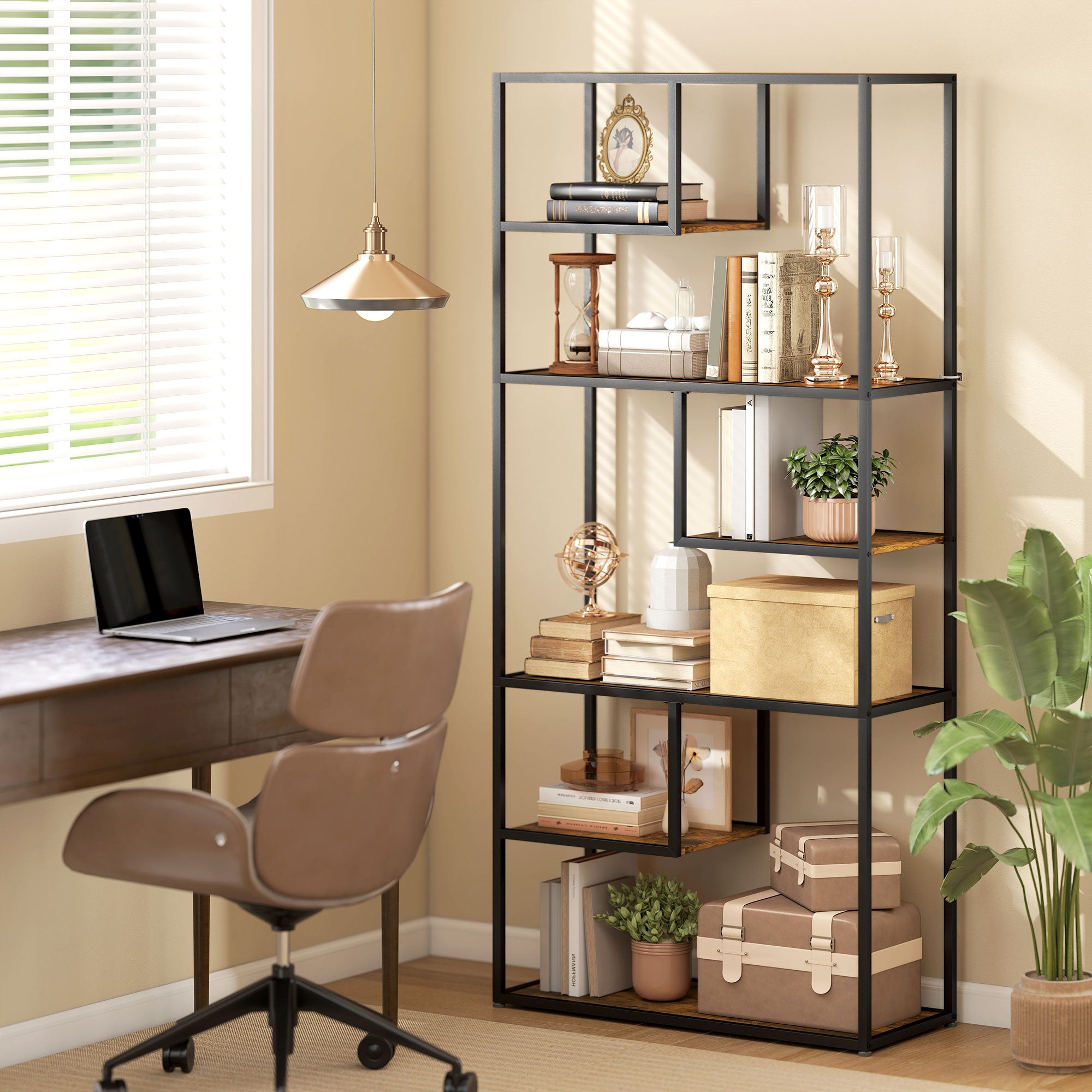 HOMCOM Industrial Bookcase Shelf, 7 Tier Metal Shelving, Storage Shelves for Living Room, Home Office, Bedroom, Rustic Brown