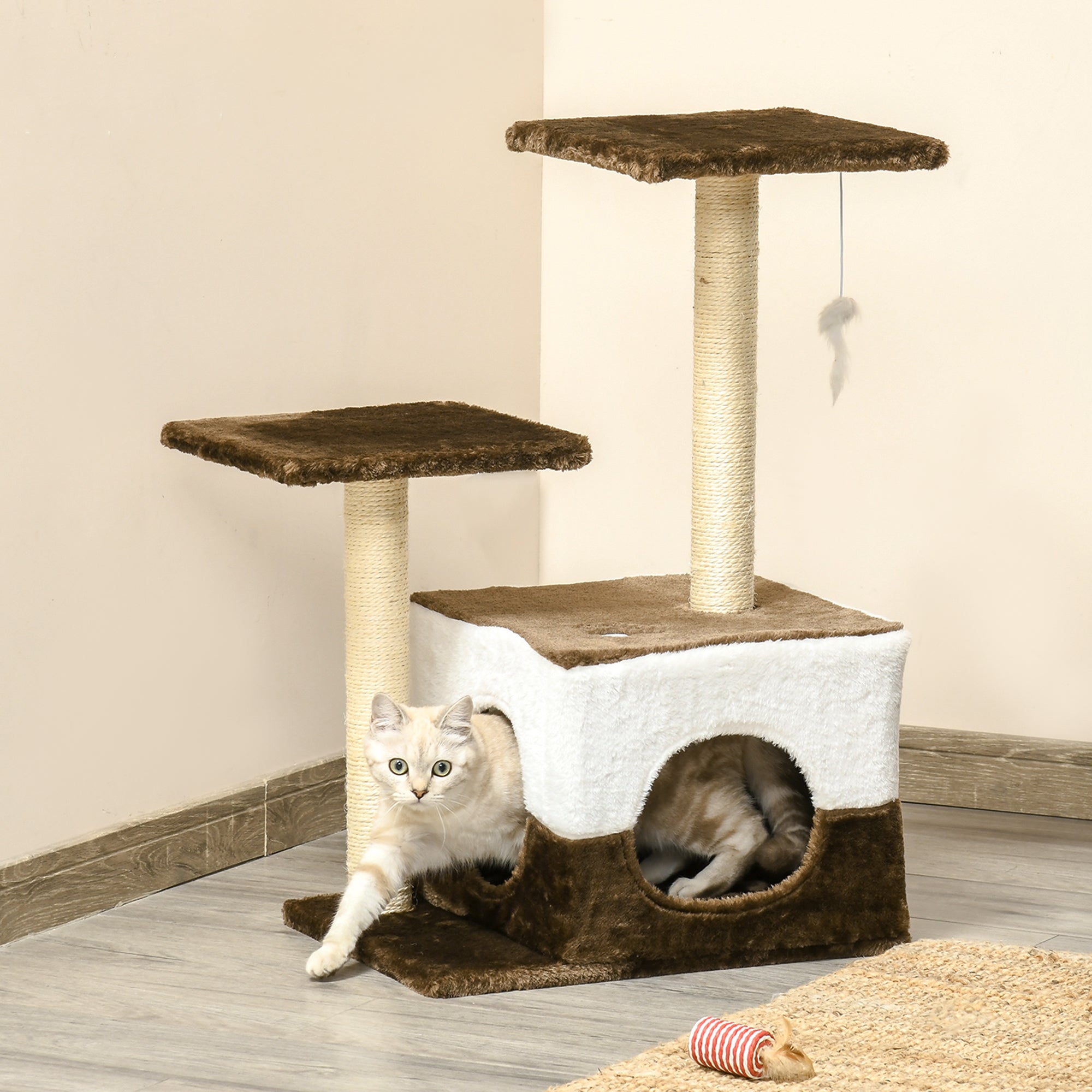 PawHut Cat Tree Tower for Indoor Cats Kitten House Scratching Posts with Condo Perch Interactive Mouse Toy, 45 x 33 x 70 cm, Brown - North Peak Garden Furniture