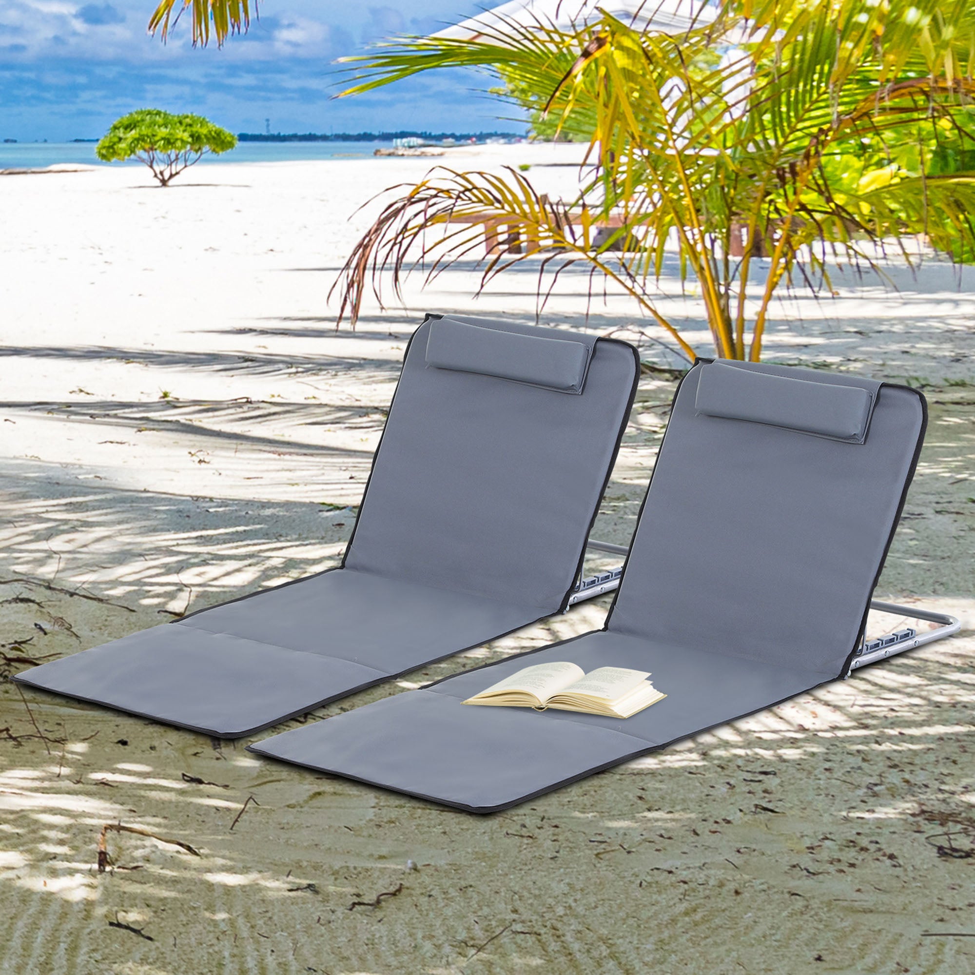 Outsunny Set of 2 Foldable Garden Beach Chair Mat Lightweight Outdoor Sun Lounger Seats Adjustable Back Metal Frame PE Fabric Head Pillow w/ Carry Bag,Grey - North Peak Garden Furniture