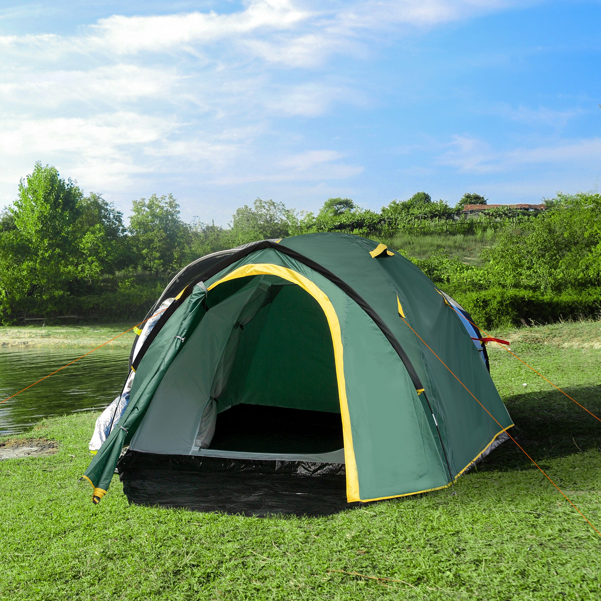 Outsunny Dome Tent for 2 Person Camping Tent with Large Windows, Waterproof Green and Yellow - North Peak Garden Furniture