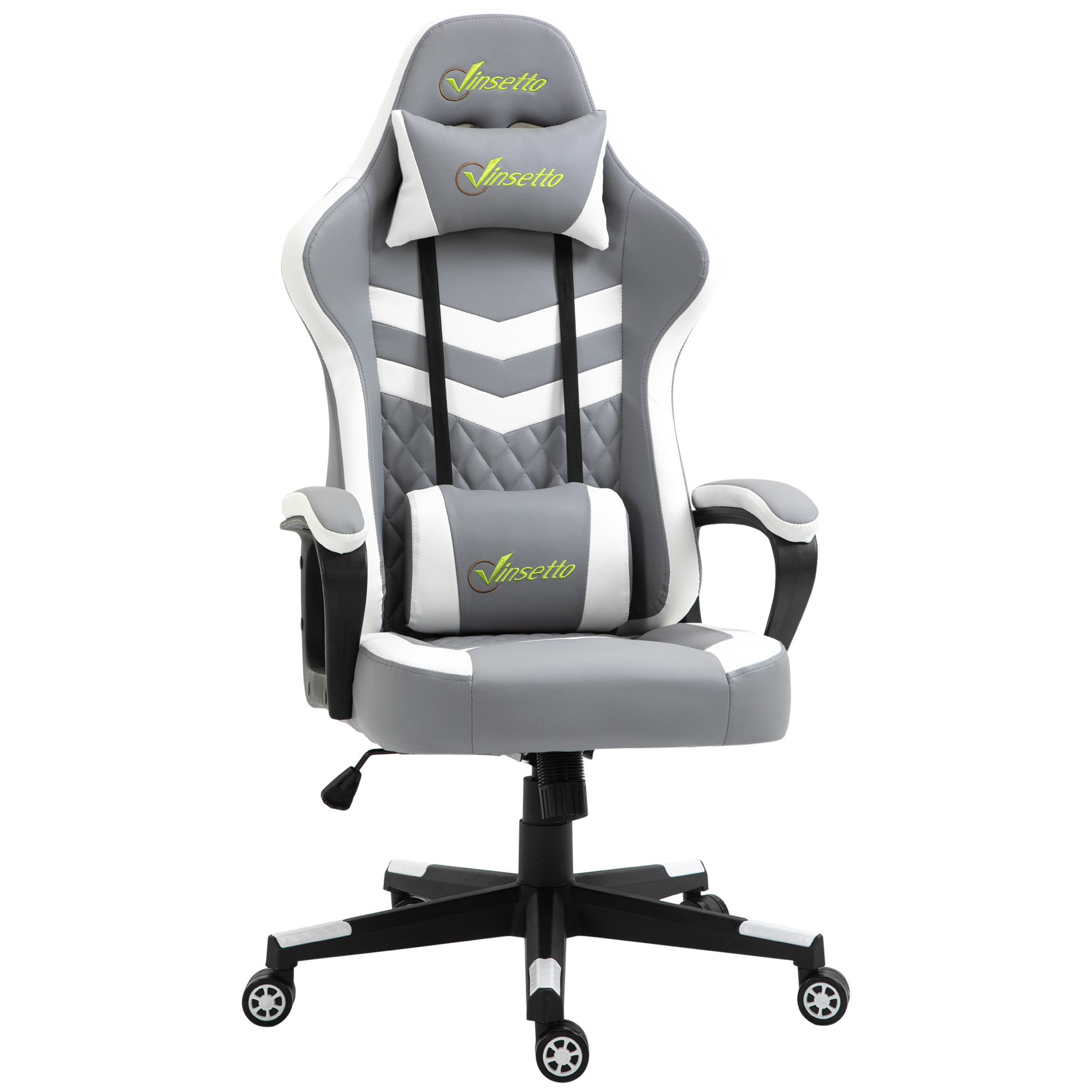 Vinsetto Gaming Chair, Computer Desk Chair with Lumbar Support, Faux Leather Racing Chair with Headrest and Swivel Wheels for Home Office, Grey White - North Peak Garden Furniture
